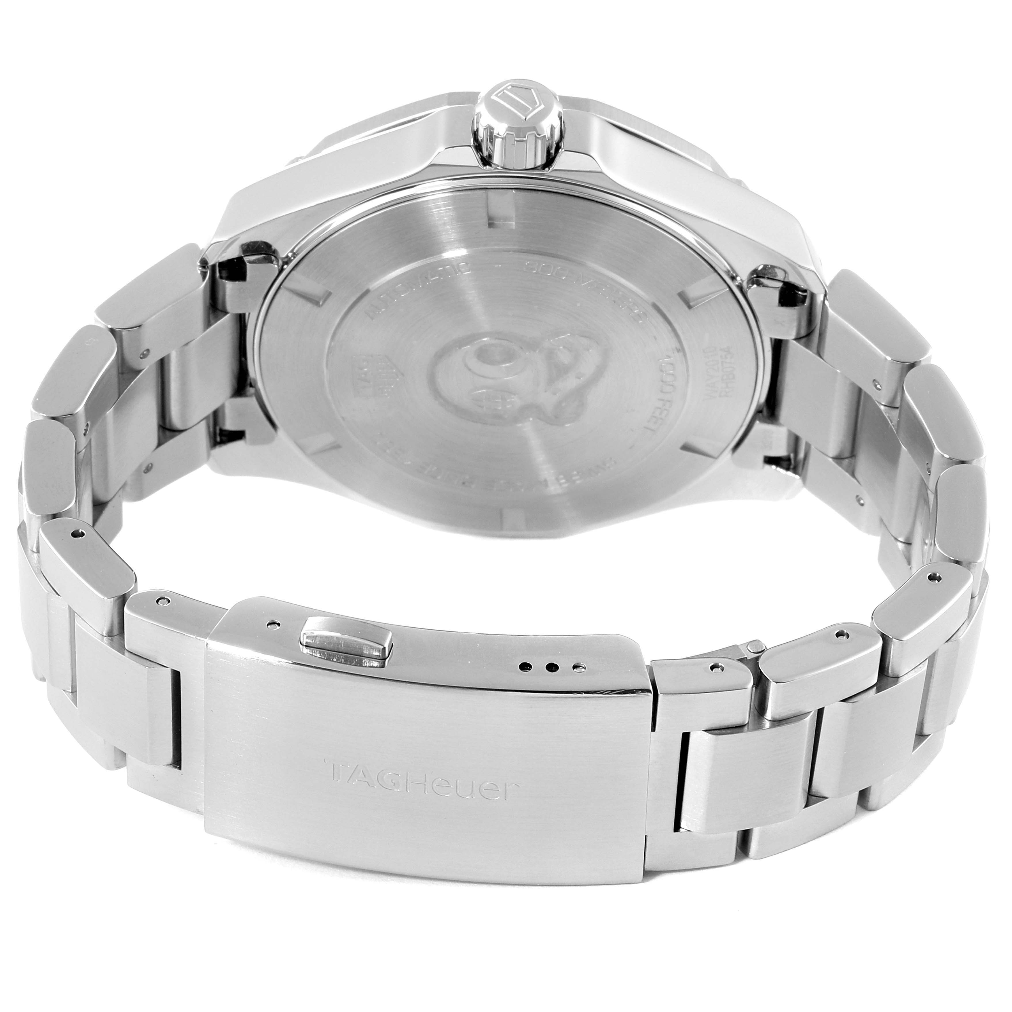 The image shows the back view of a Tag Heuer Aquaracer WAY2010.BA0927 Men's Stainless Steel Black Dial WAY2010.BA0927 Men's Stainless Steel Black Dial watch, highlighting the case back, crown, and metal bracelet with clasp.