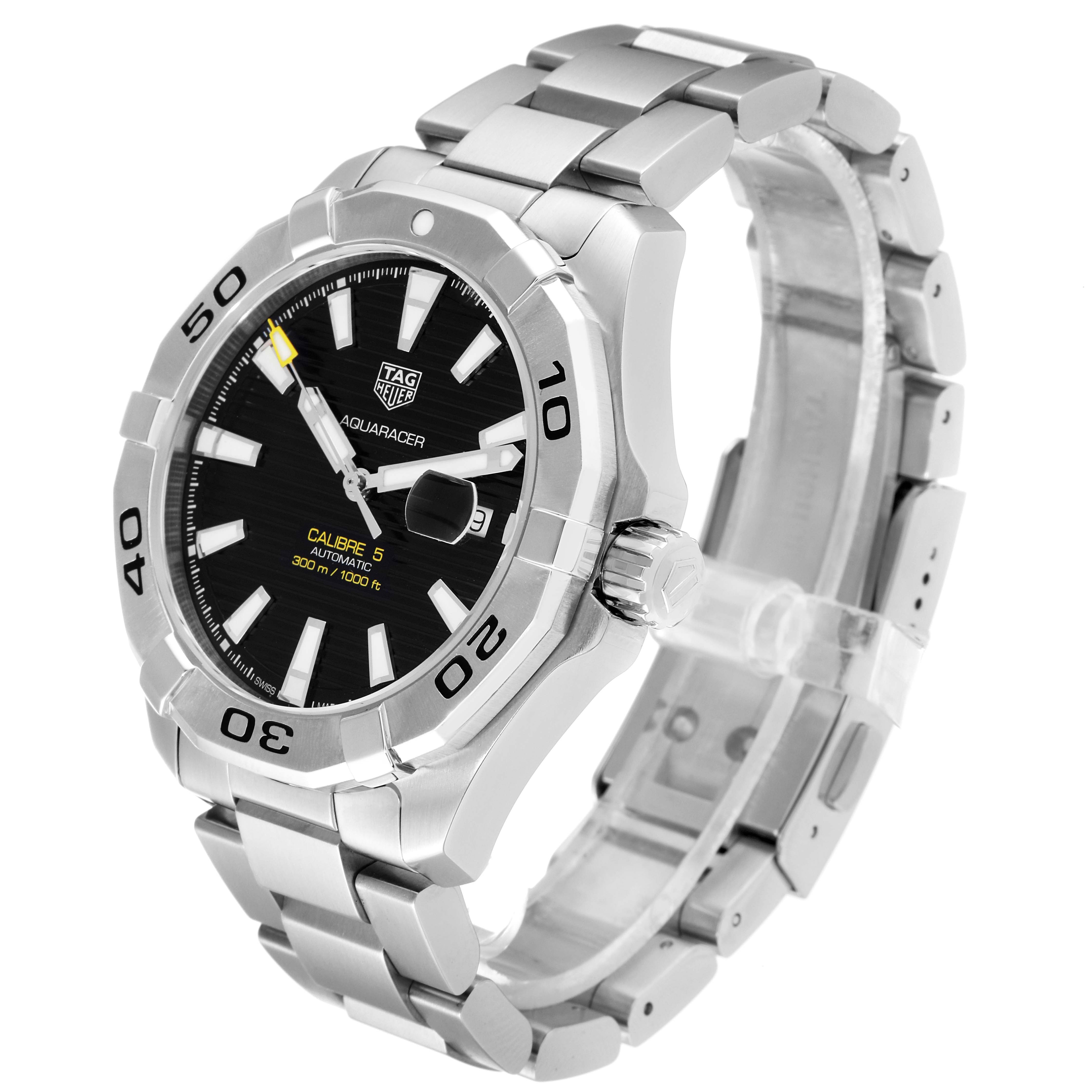 This image shows a Tag Heuer Aquaracer WAY2010.BA0927 Men's Stainless Steel Black Dial WAY2010.BA0927 Men's Stainless Steel Black Dial watch from a front angle, displaying its face and metal bracelet.