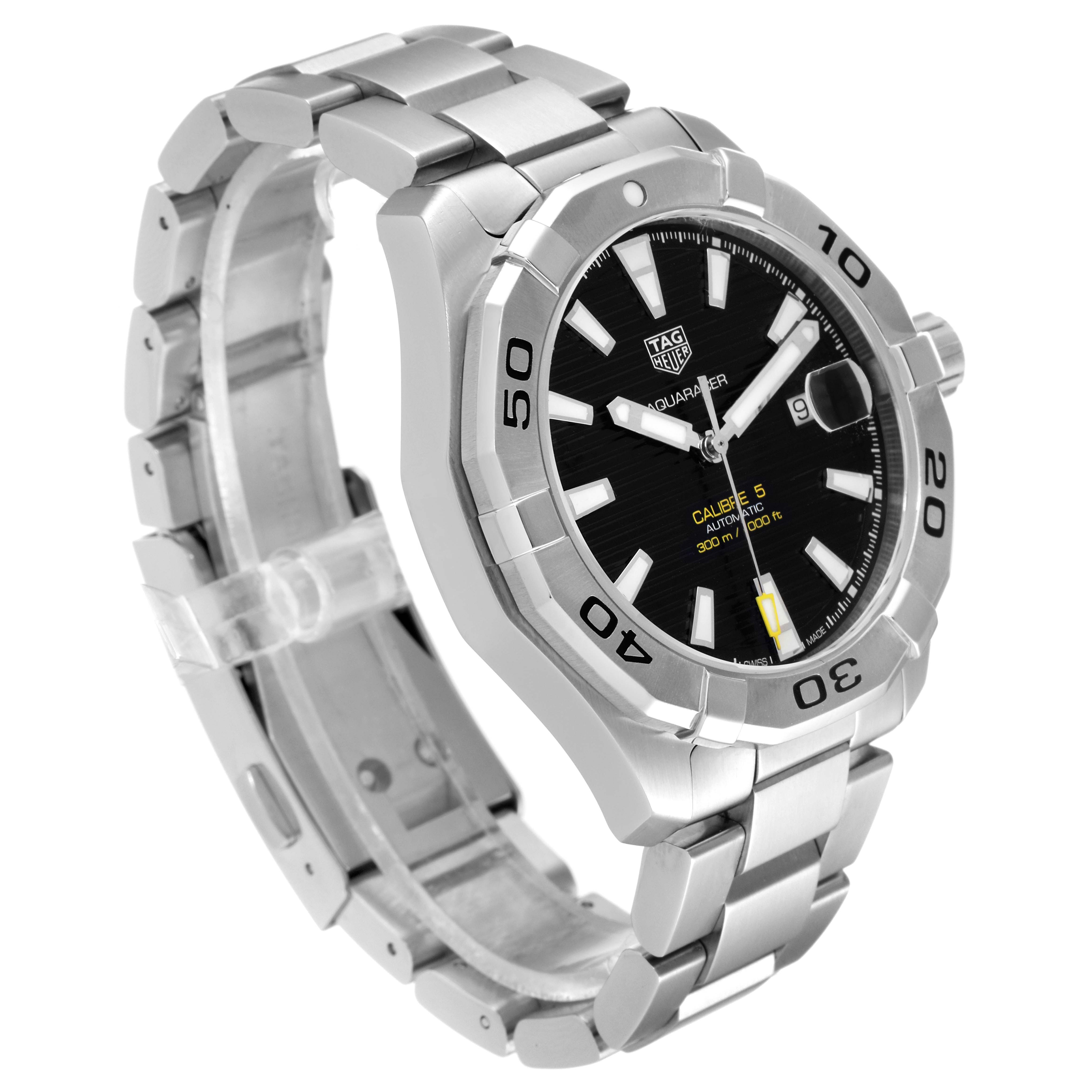 The image shows a Tag Heuer Aquaracer WAY2010.BA0927 Men's Stainless Steel Black Dial WAY2010.BA0927 Men's Stainless Steel Black Dial watch at a three-quarter angle, highlighting its bezel, bracelet, and face.