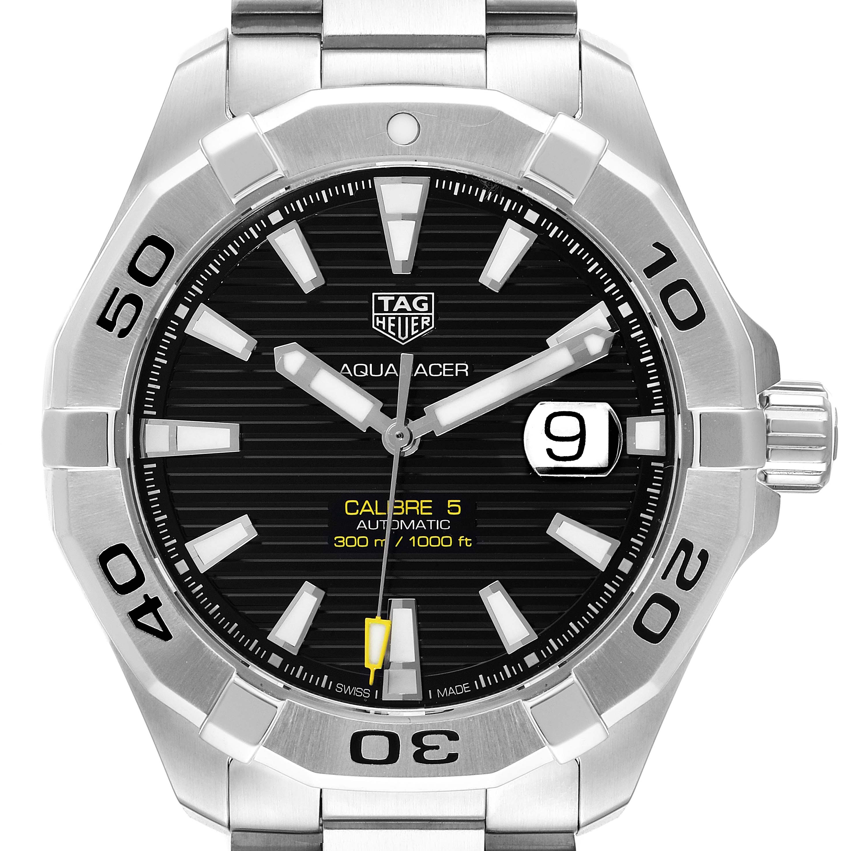 This image shows a close-up of the Tag Heuer Aquaracer WAY2010.BA0927 Men's Stainless Steel Black Dial WAY2010.BA0927 Men's Stainless Steel Black Dial watch face, including the bezel, dial, hands, and date window.
