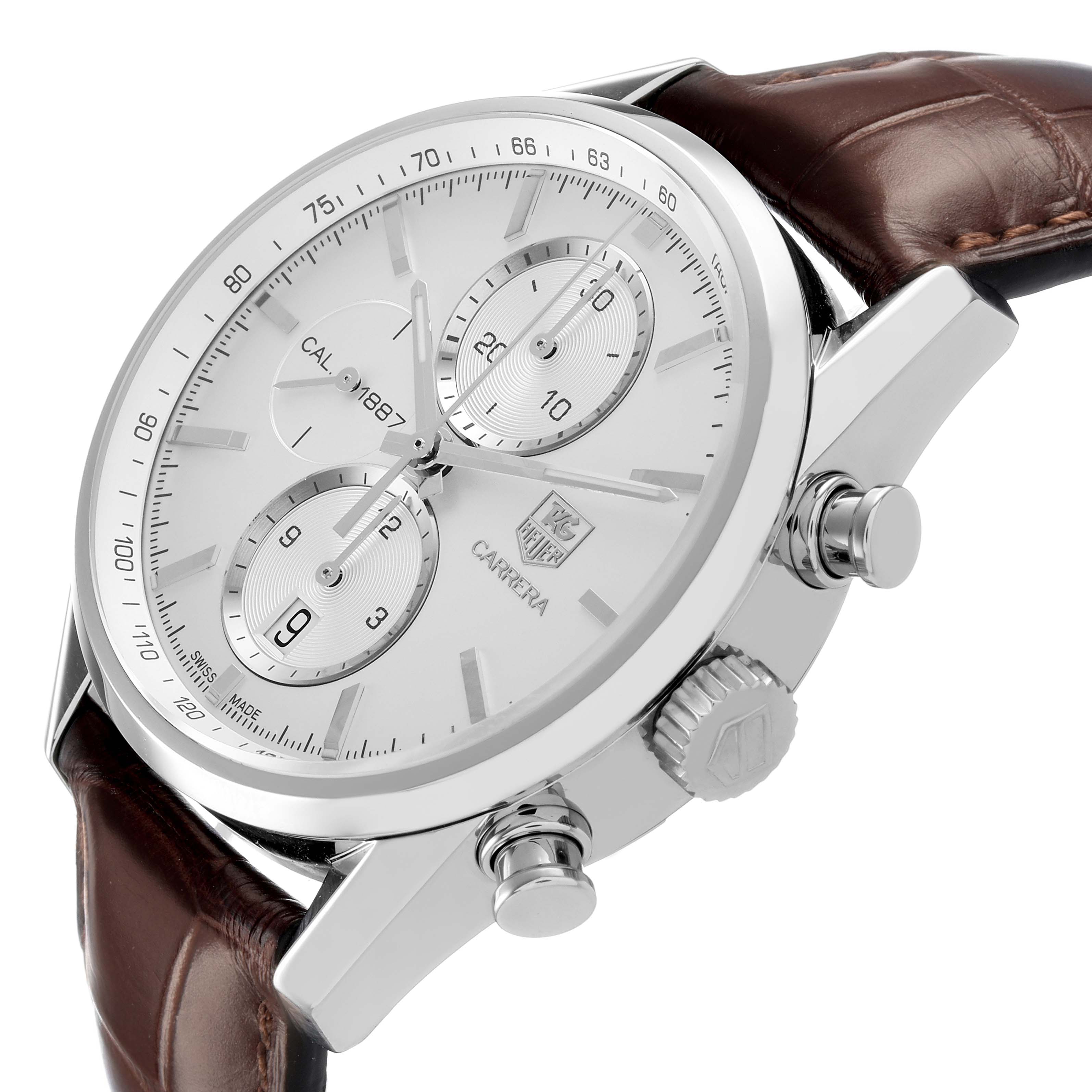 The Tag Heuer Carrera CAR2111-3 Men's Stainless Steel Silver Dial watch is shown at a three-quarter angle, displaying the dial, subdials, crown, pushers, and leather strap.