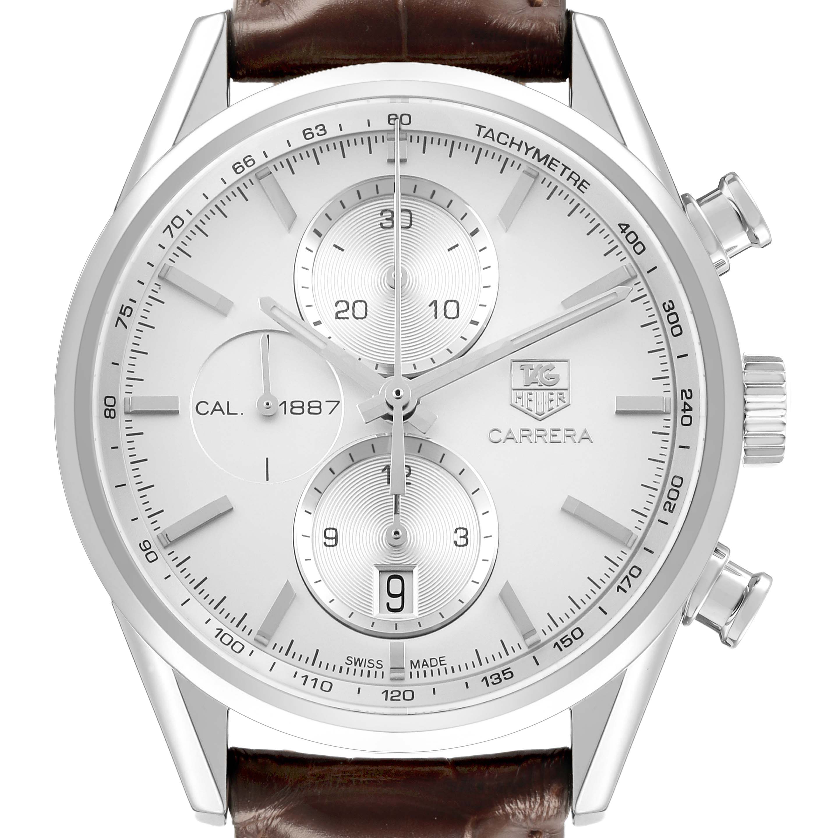 The image shows a front view of the Tag Heuer Carrera CAR2111-3 Men's Stainless Steel Silver Dial watch, highlighting the dial, subdials, and pushers.