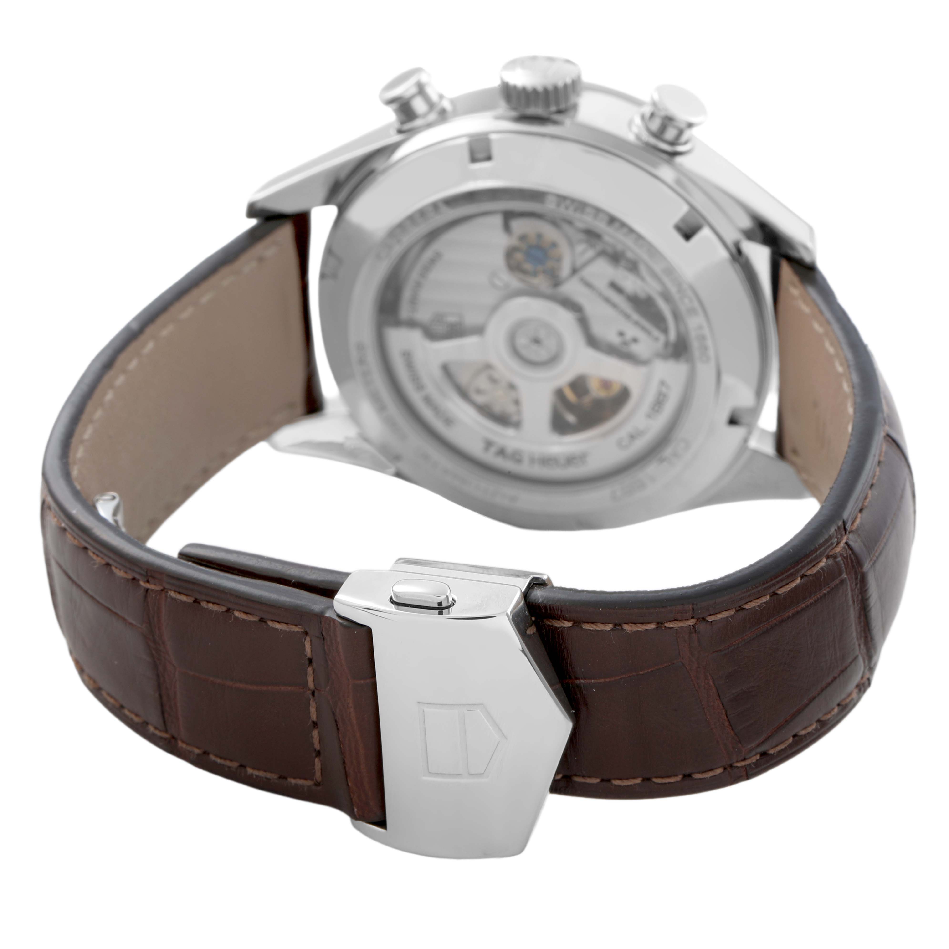 The image shows the back of a Tag Heuer Carrera CAR2111-3 Men's Stainless Steel Silver Dial watch and buckle, highlighting the movement and leather strap.