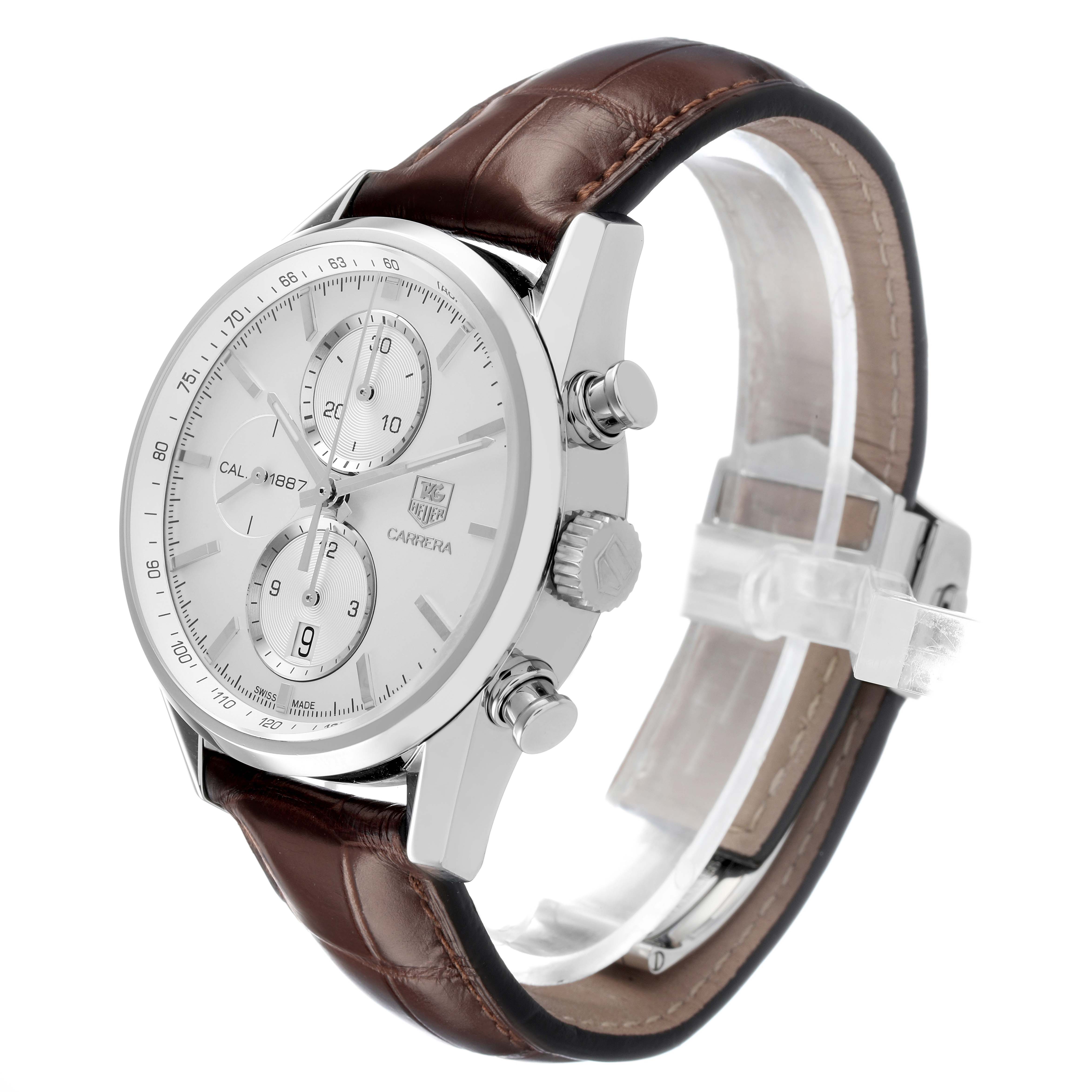 The Tag Heuer Carrera CAR2111-3 Men's Stainless Steel Silver Dial watch is shown at a side angle, highlighting the dial, case, crown, pushers, and leather strap.