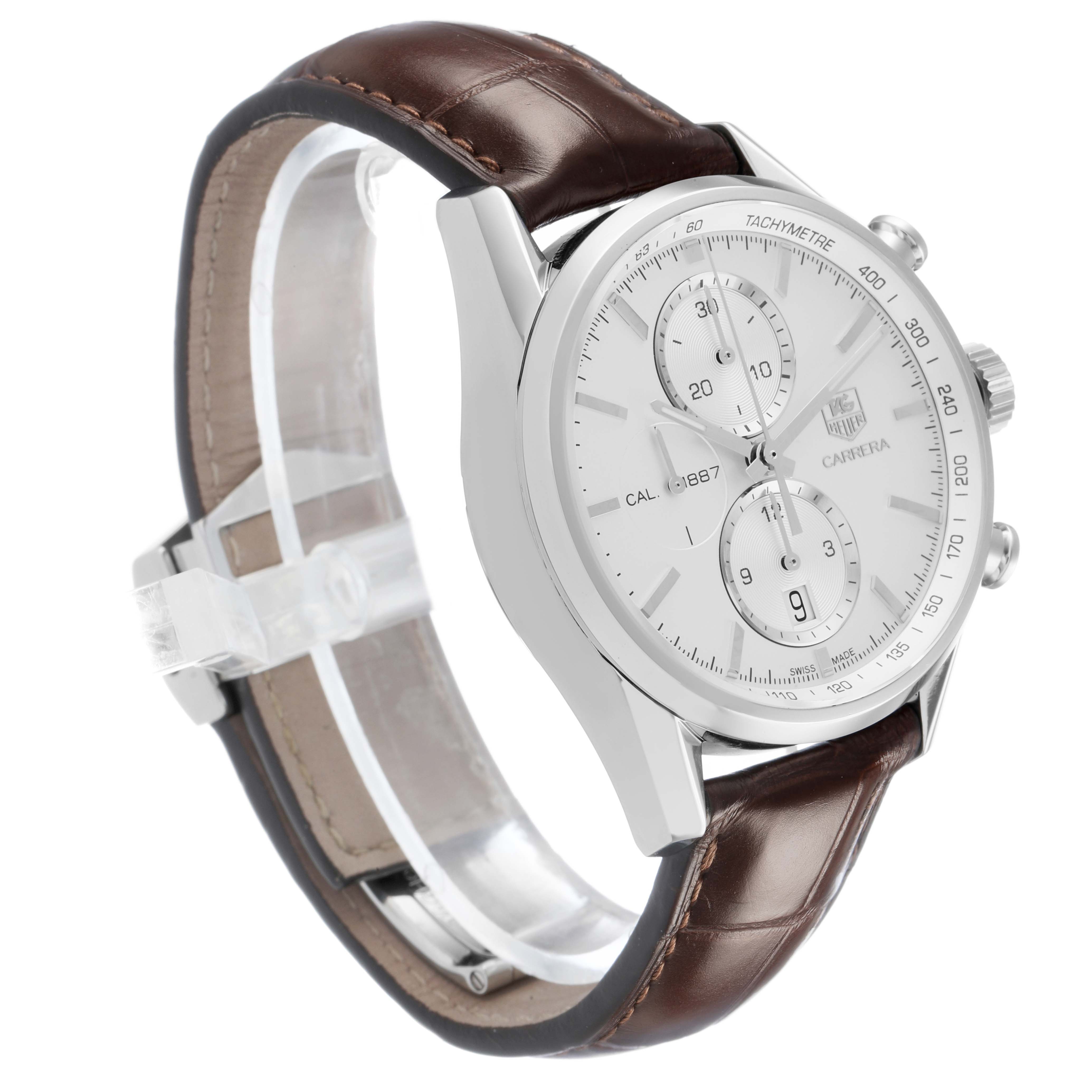 The Tag Heuer Carrera CAR2111-3 Men's Stainless Steel Silver Dial watch is shown at a three-quarter angle, displaying the face, side, and leather strap.