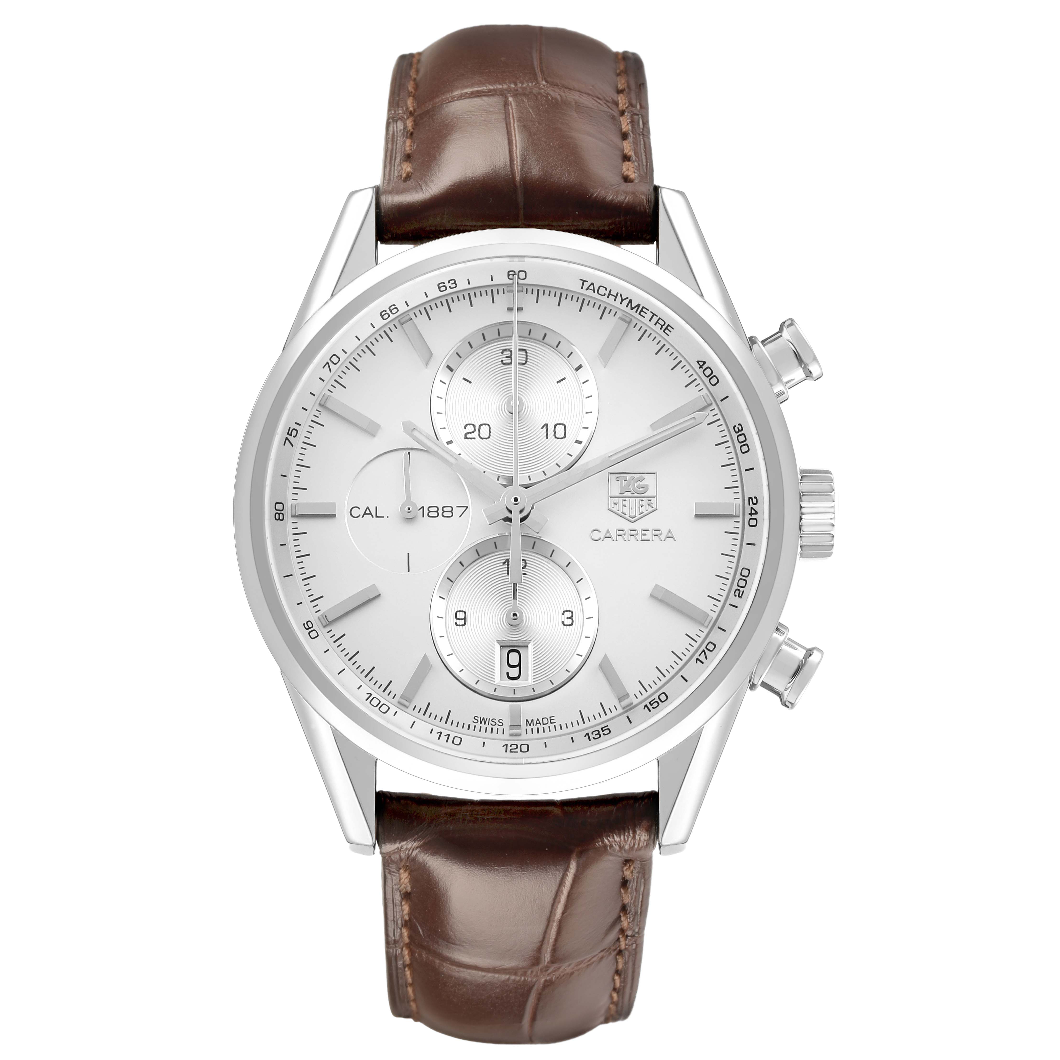 The Tag Heuer Carrera CAR2111-3 Men's Stainless Steel Silver Dial watch is shown front-facing, highlighting the dial, subdials, and leather strap.