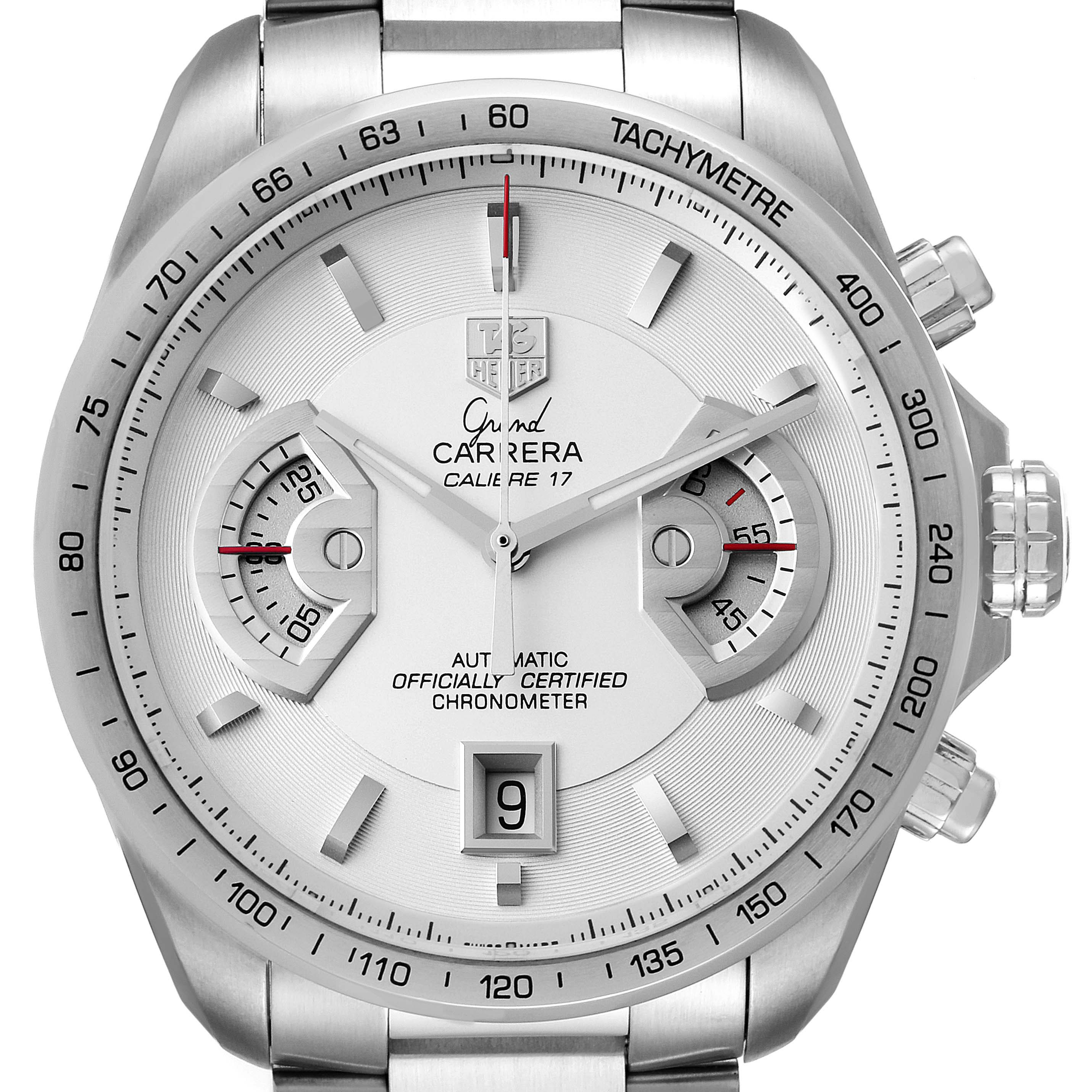 The Tag Heuer Carrera CAV511B Men's Stainless Steel Silver Dial CAV511B Men's Stainless Steel Silver Dial watch is shown from a front angle, showcasing its dial, chronographs, tachymeter, and date display.