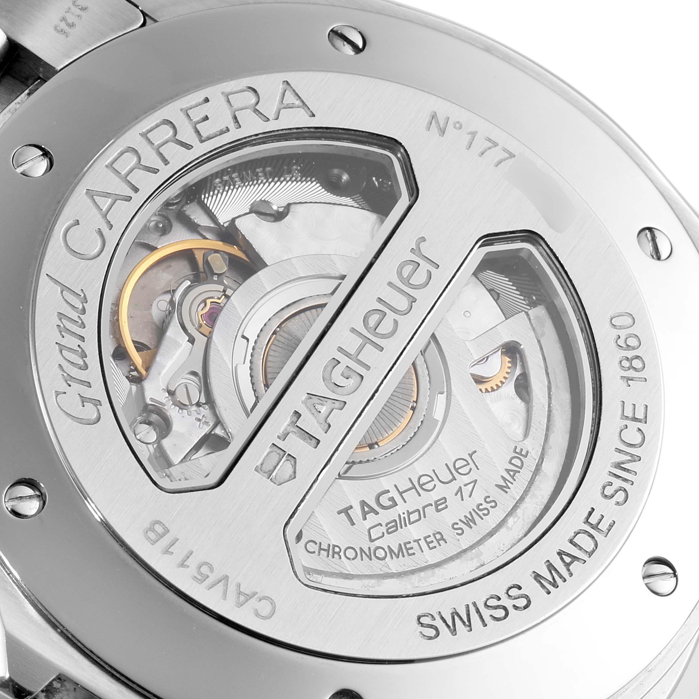The image shows the back of the Tag Heuer Carrera CAV511B Men's Stainless Steel Silver Dial CAV511B Men's Stainless Steel Silver Dial watch, featuring its exposed movement and engraved details.