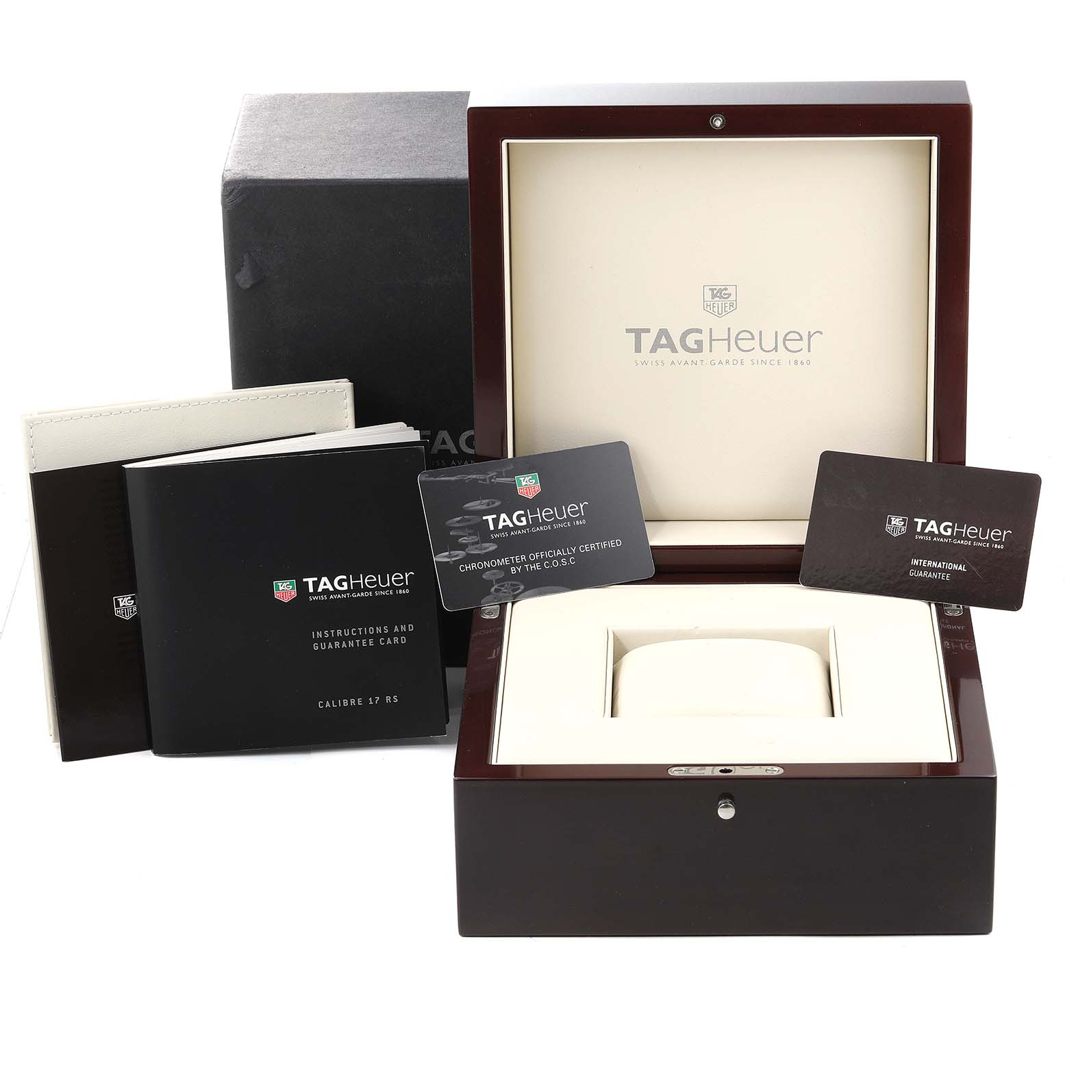 The image shows a Tag Heuer Carrera CAV511B Men's Stainless Steel Silver Dial CAV511B Men's Stainless Steel Silver Dial watch box, instruction manuals, and guarantee cards, viewed from the front.