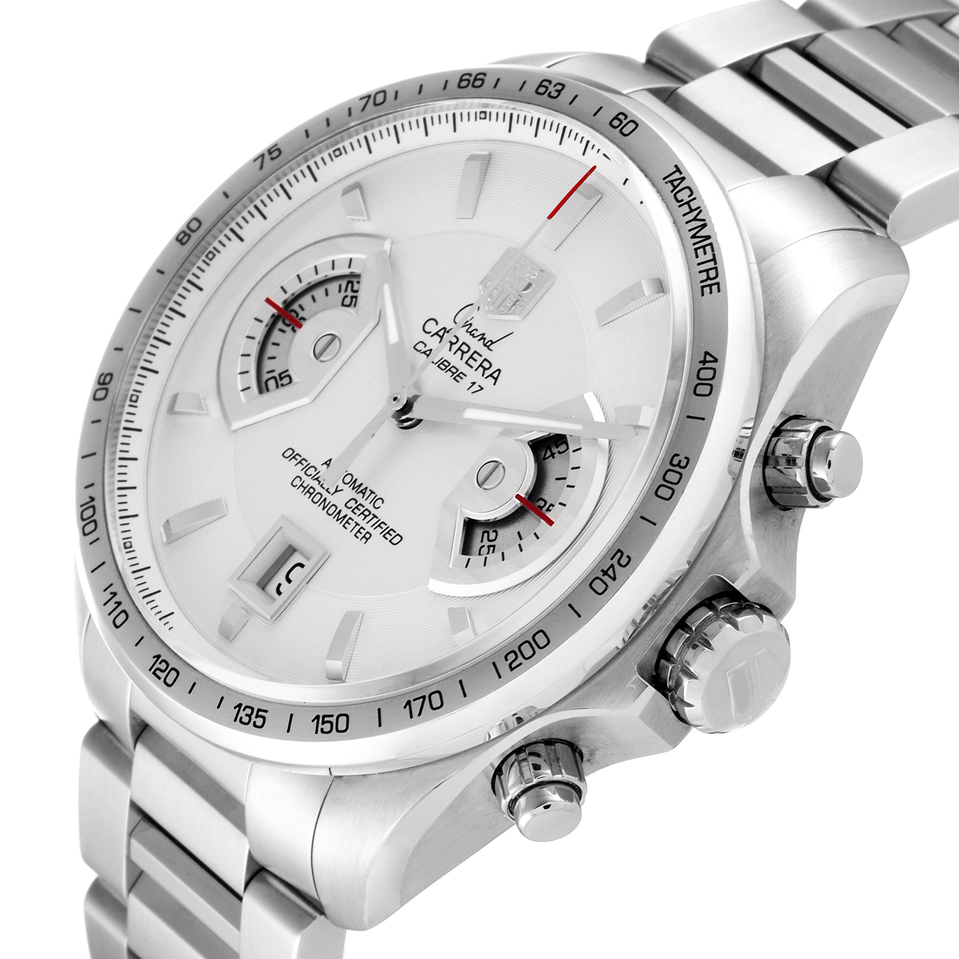 This image shows a close-up angle of the Tag Heuer Carrera CAV511B Men's Stainless Steel Silver Dial CAV511B Men's Stainless Steel Silver Dial watch, highlighting its dial, tachymeter bezel, and chronograph pushers.