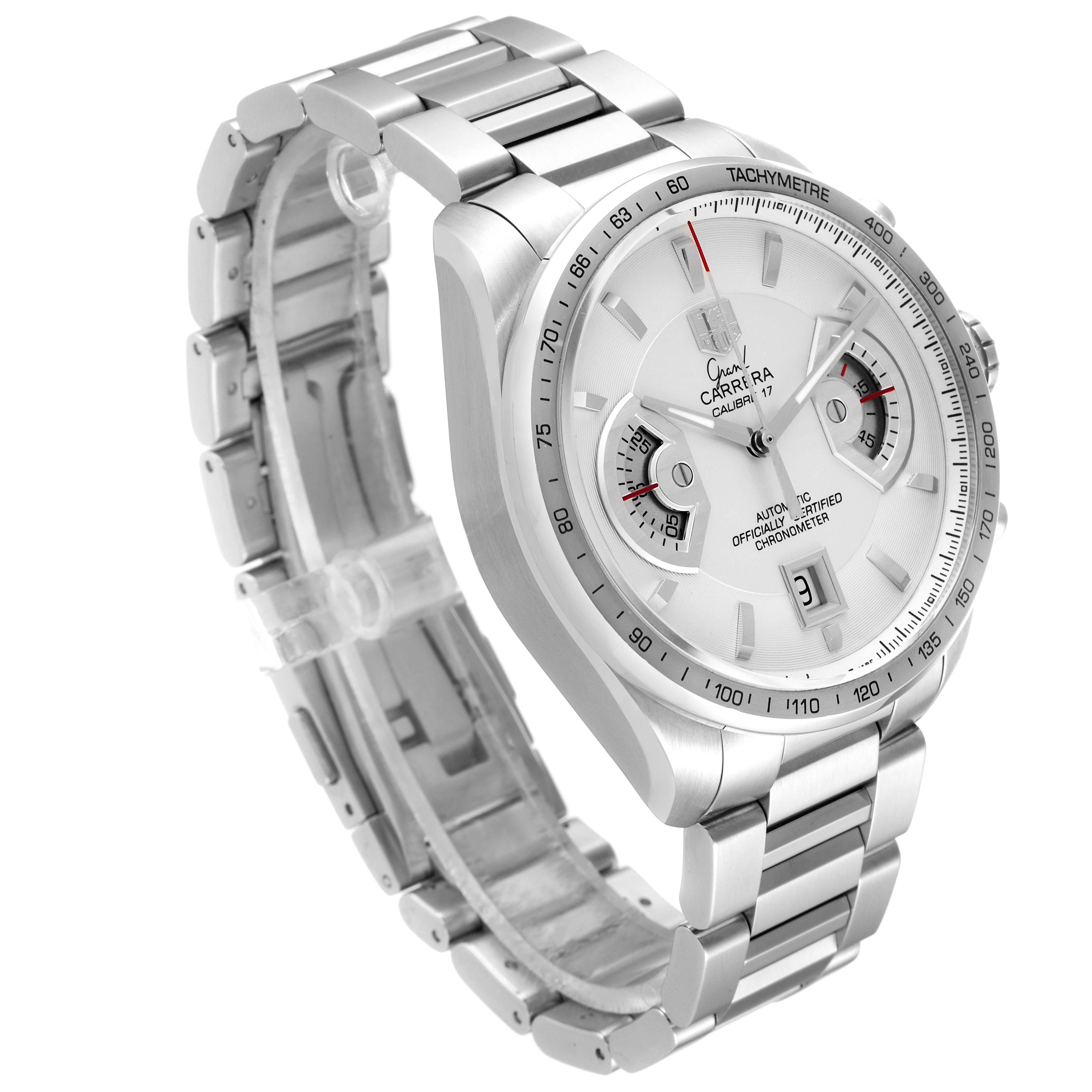 The image shows a Tag Heuer Carrera CAV511B Men's Stainless Steel Silver Dial CAV511B Men's Stainless Steel Silver Dial model watch angled to display its face and metal bracelet.