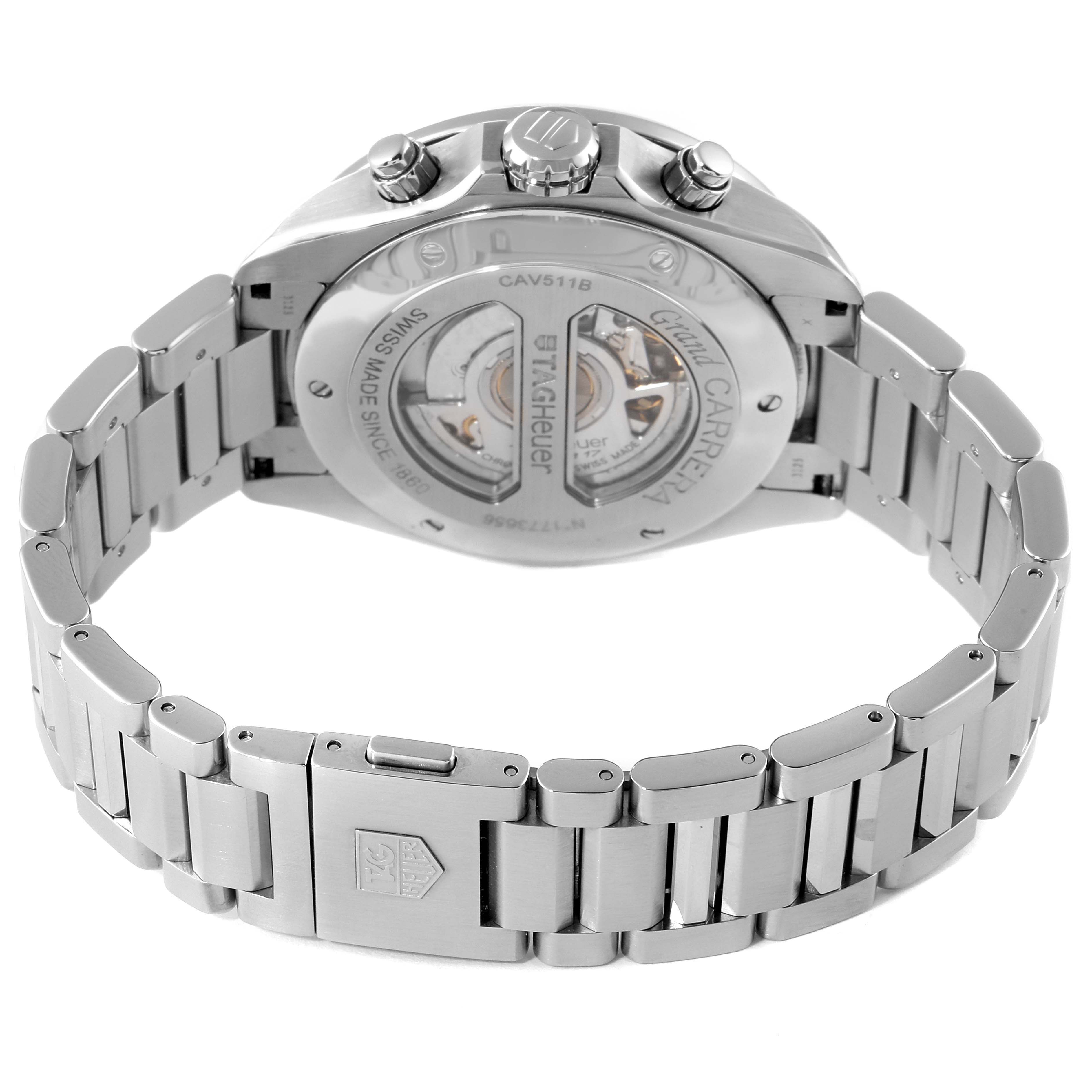 This image shows the back and bracelet of a Tag Heuer Carrera CAV511B Men's Stainless Steel Silver Dial CAV511B Men's Stainless Steel Silver Dial watch, highlighting its stainless steel design and movement mechanism.