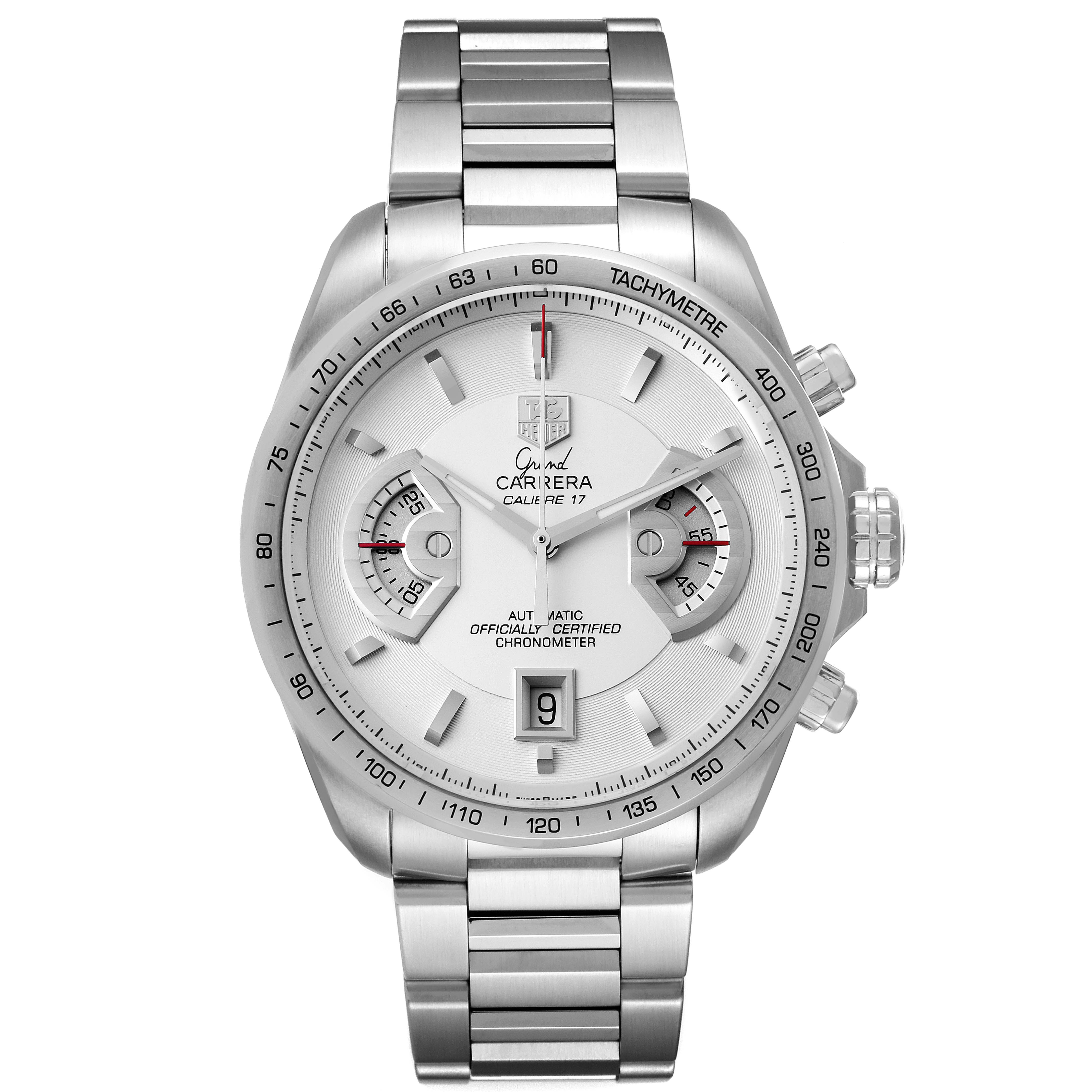 The image shows a front view of the Tag Heuer Carrera CAV511B Men's Stainless Steel Silver Dial CAV511B Men's Stainless Steel Silver Dial watch, displaying its dial, hands, chronograph, and metal bracelet.