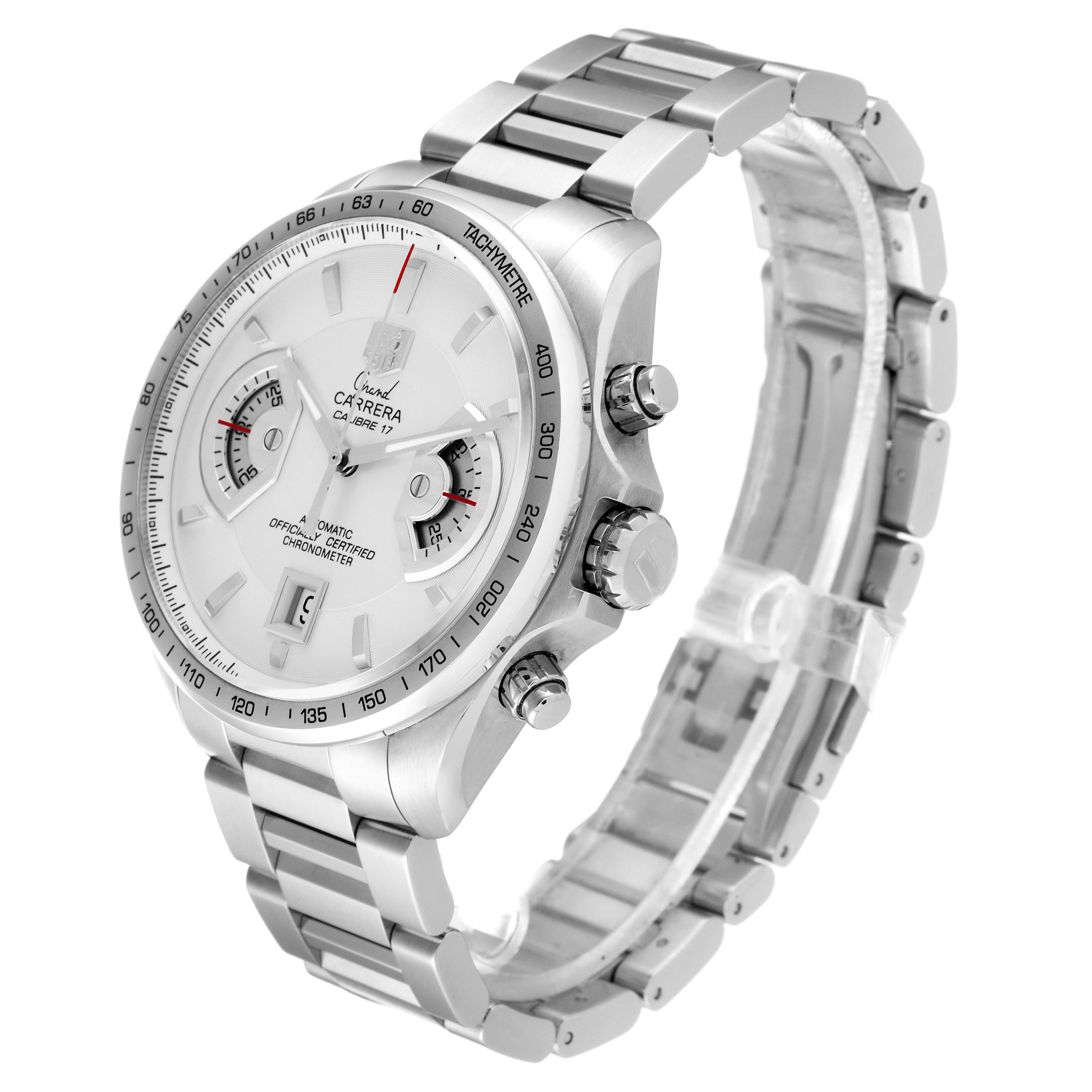 The image shows a Tag Heuer Carrera CAV511B Men's Stainless Steel Silver Dial CAV511B Men's Stainless Steel Silver Dial watch from an angled side view, highlighting the face, bezel, crown, and metal bracelet.