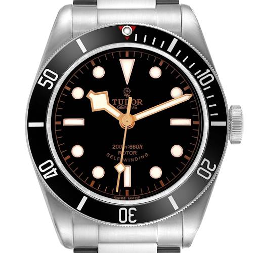 The Tudor Heritage Black Bay watch is shown from a front angle, displaying the dial, bezel, and part of the bracelet.