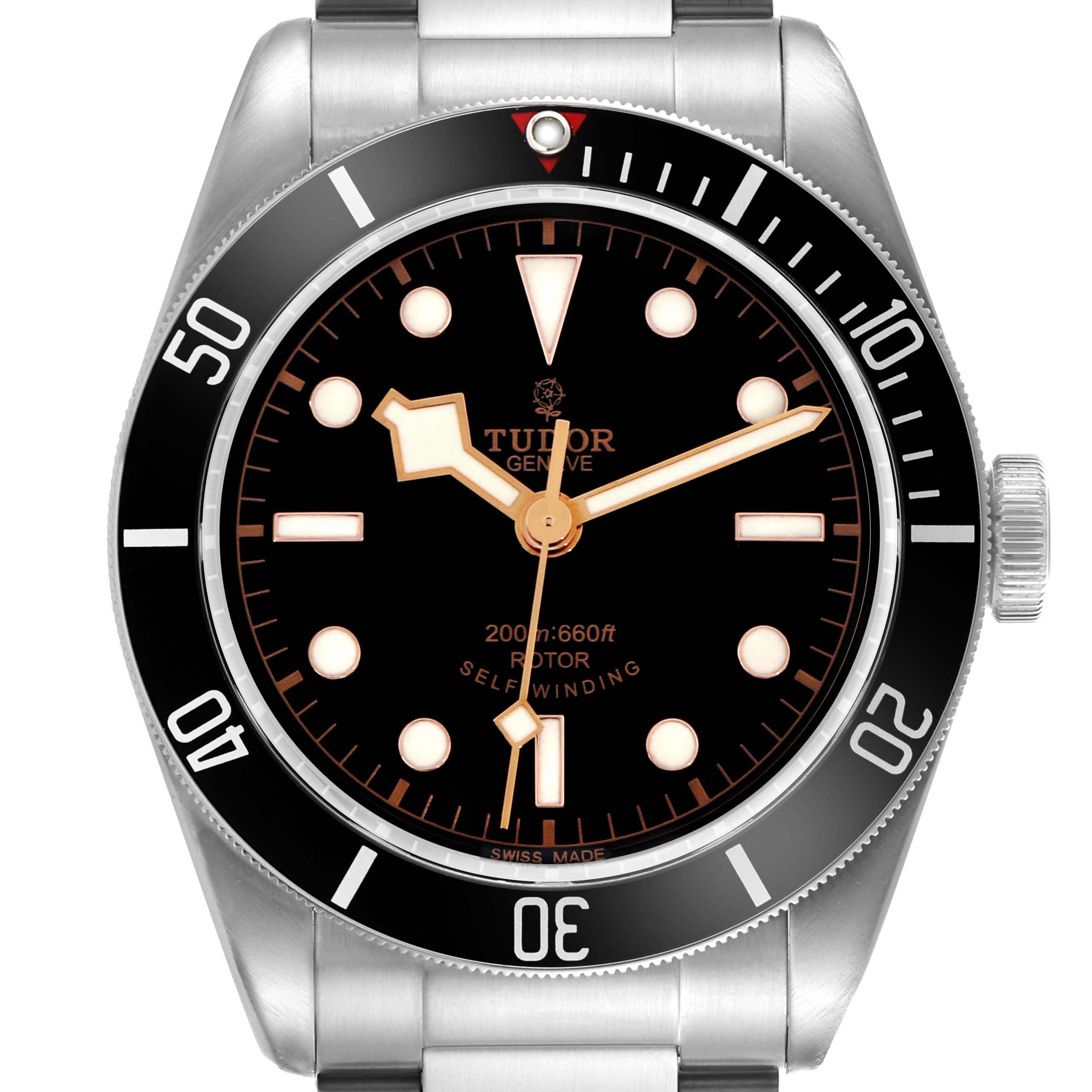 The Tudor Heritage Black Bay 79220N Men's Stainless Steel Black Dial 79220N Men's Stainless Steel Black Dial watch is shown from the front, highlighting the dial, bezel, hands, and crown.