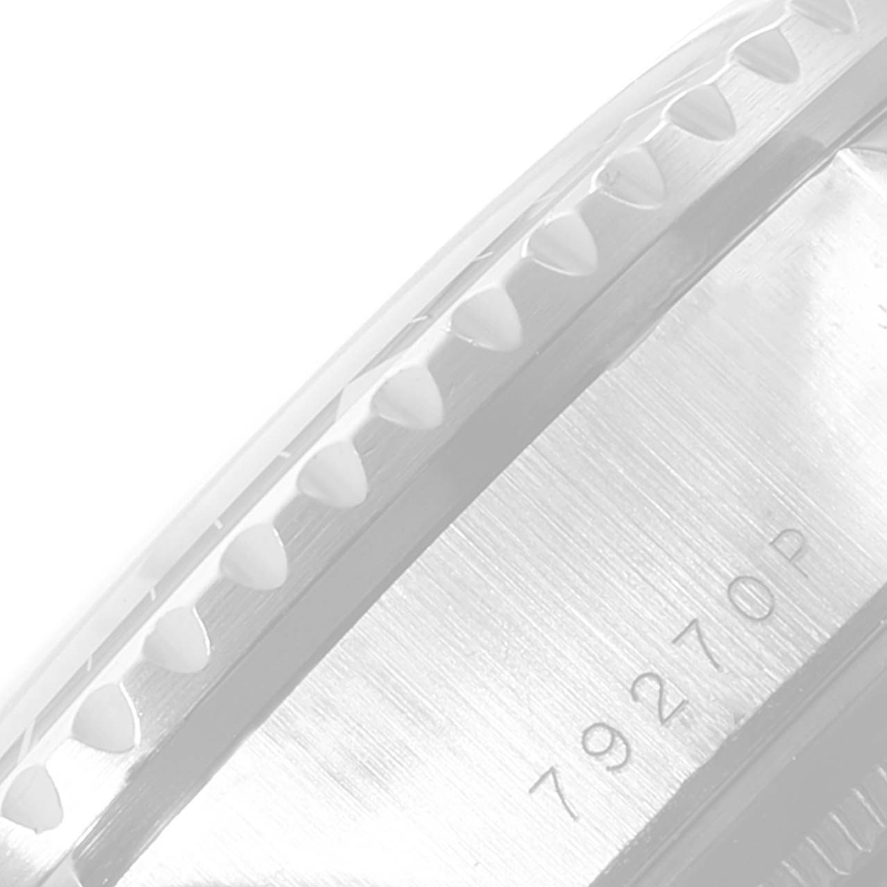 This image shows a close-up of the side case and bezel of the Tudor Tiger 79270 Men's Stainless Steel Black Dial 79270 Men's Stainless Steel Black Dial model watch, with the model number engraved.