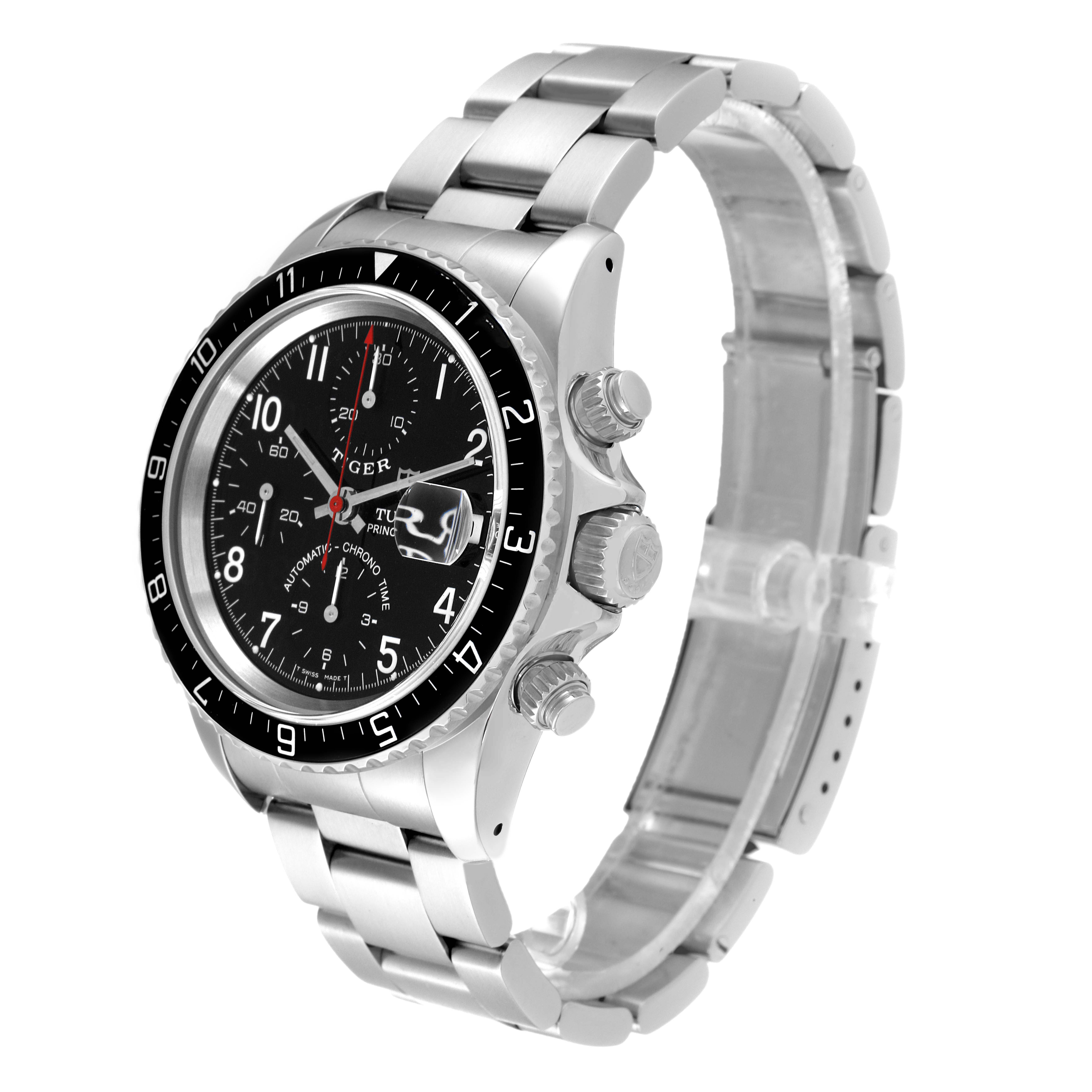 The image shows a side angle of the Tudor Tiger 79270 Men's Stainless Steel Black Dial 79270 Men's Stainless Steel Black Dial model watch, highlighting its dial, bezel, crown, and bracelet.