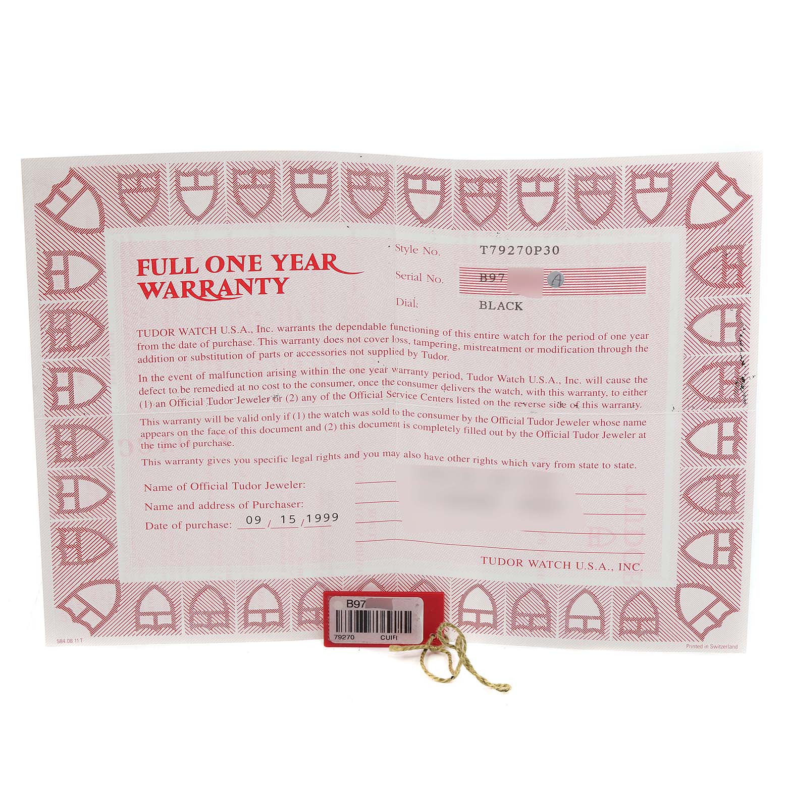 The image shows a full one-year warranty card and a tag for a Tudor Tiger 79270 Men's Stainless Steel Black Dial 79270 Men's Stainless Steel Black Dial watch model.