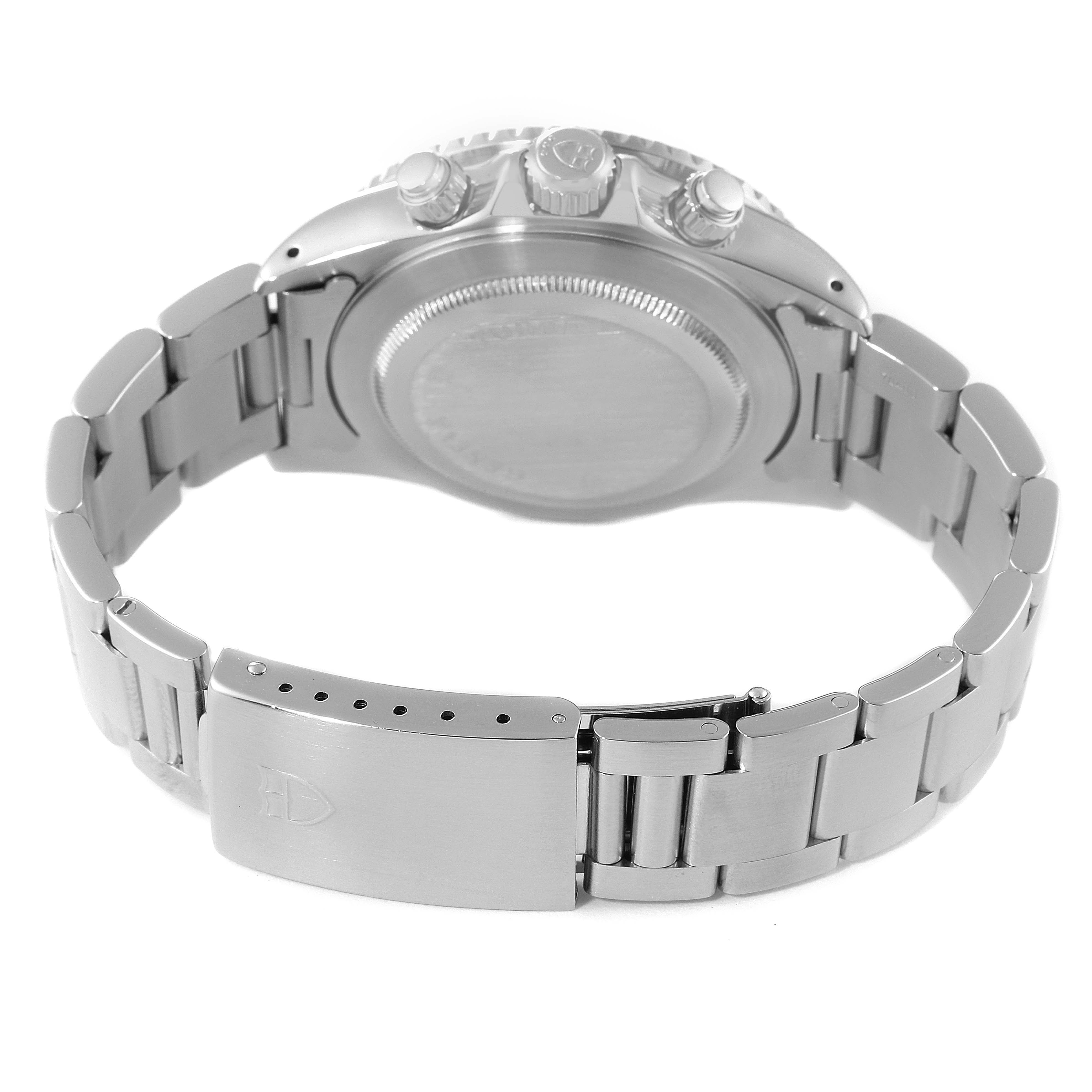 The image shows the back view of the Tudor Tiger 79270 Men's Stainless Steel Black Dial 79270 Men's Stainless Steel Black Dial model watch, highlighting its metal bracelet, clasp, and case back.