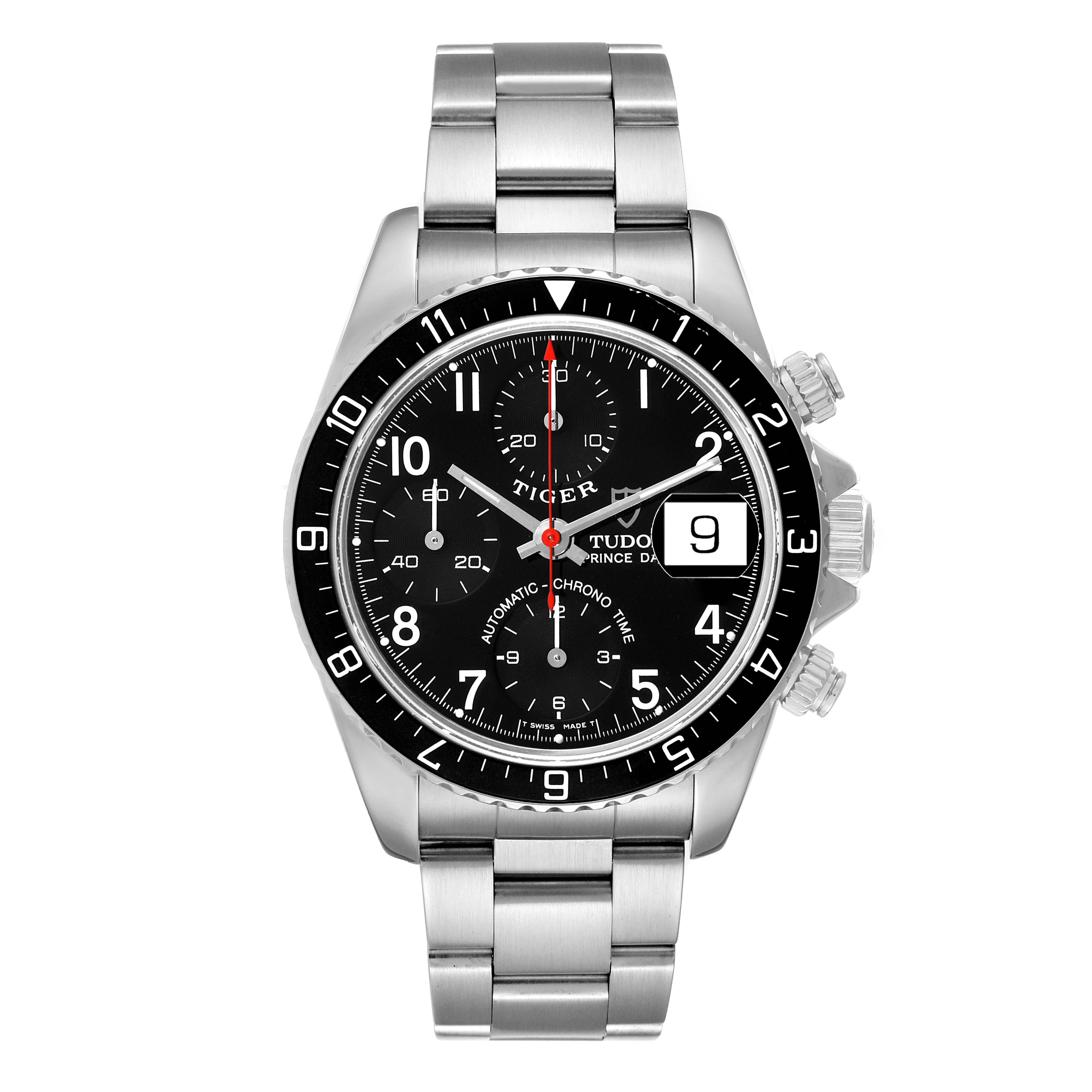 This image shows an upright view of the Tudor Tiger 79270 Men's Stainless Steel Black Dial 79270 Men's Stainless Steel Black Dial model watch, displaying its dial, bezel, chronograph sub-dials, and bracelet.