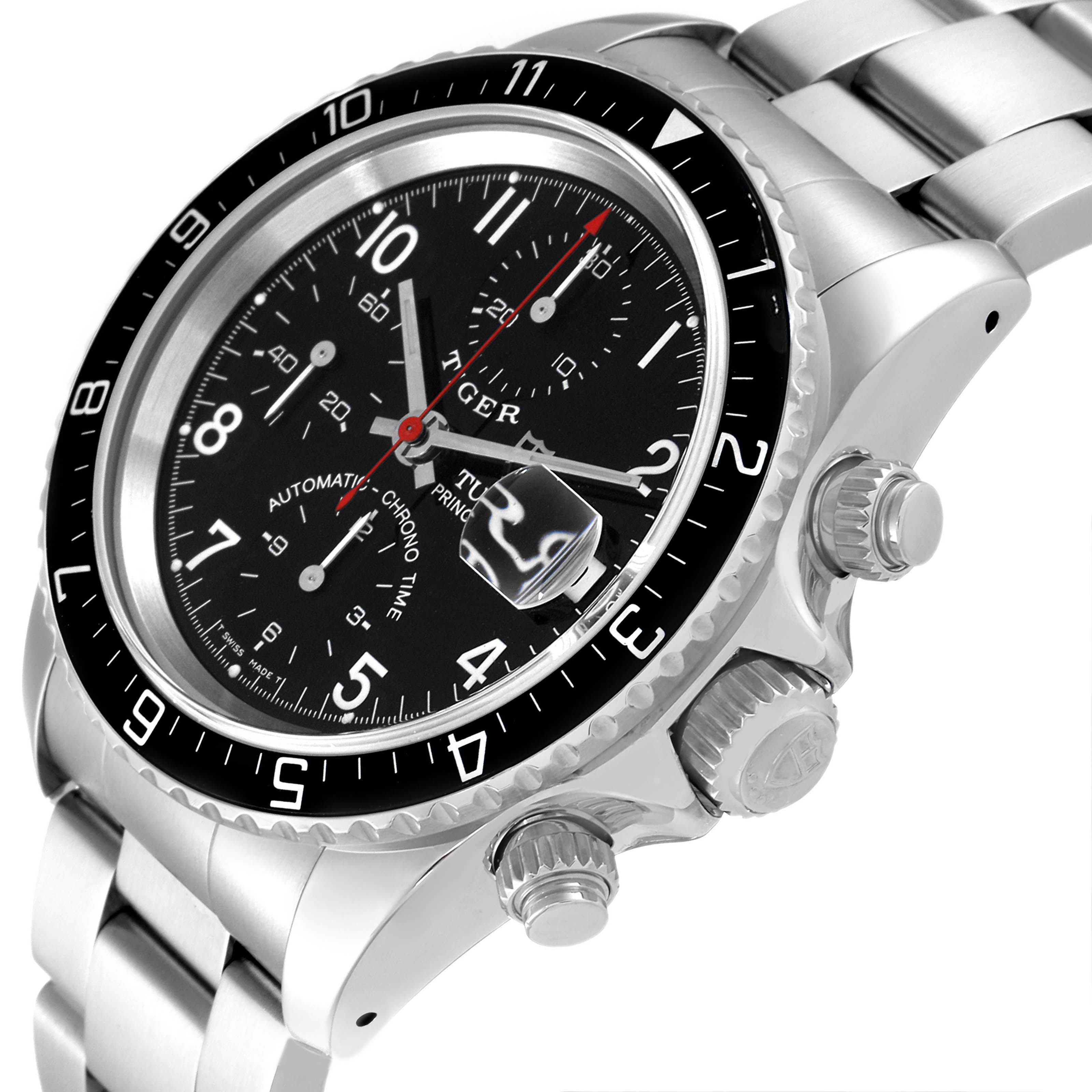 This image shows a Tudor Tiger 79270 Men's Stainless Steel Black Dial 79270 Men's Stainless Steel Black Dial model watch from an angled side view, highlighting the dial, bezel, and crown.