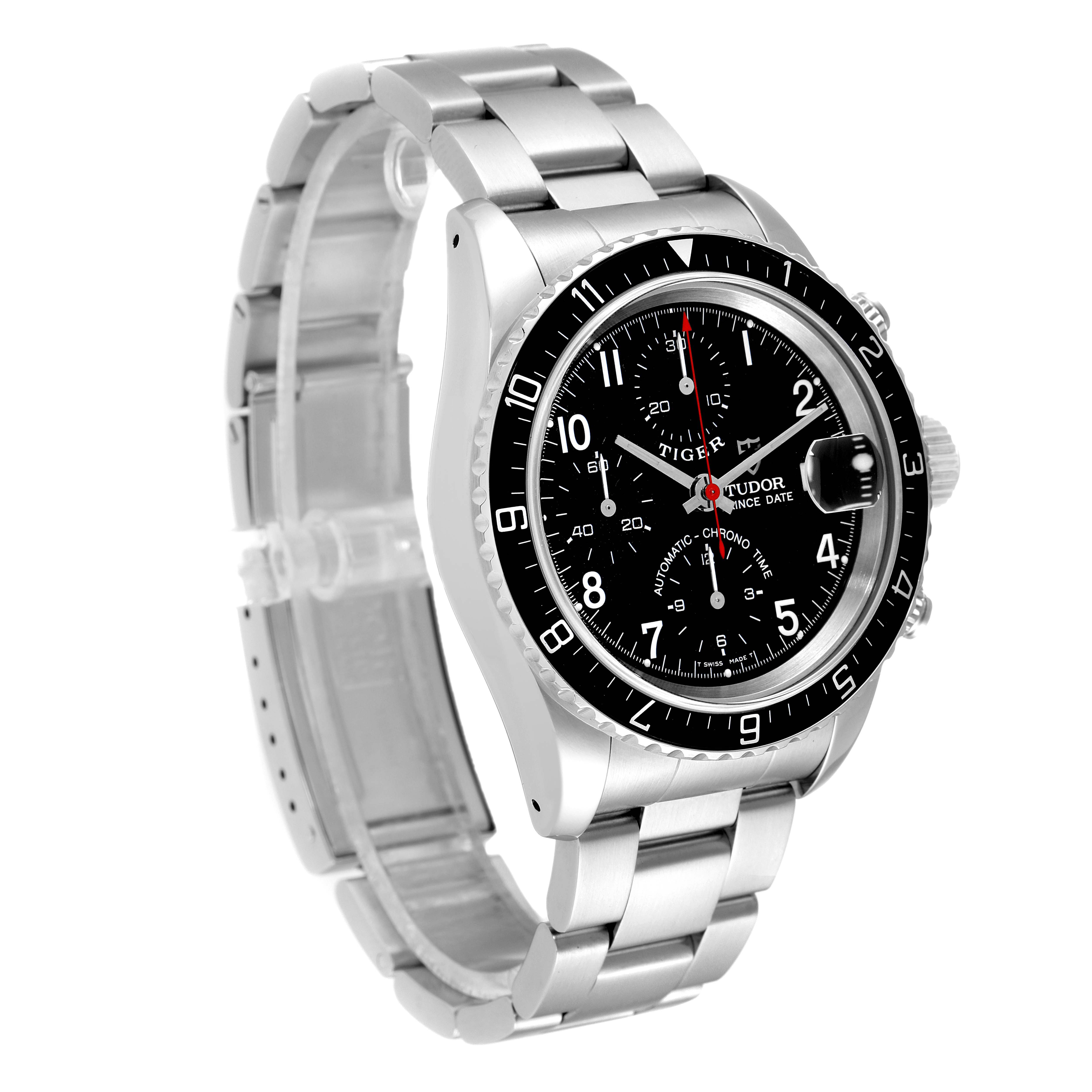 The Tudor Tiger 79270 Men's Stainless Steel Black Dial 79270 Men's Stainless Steel Black Dial model watch is shown at an angled view, displaying the face, bezel, and metal bracelet.