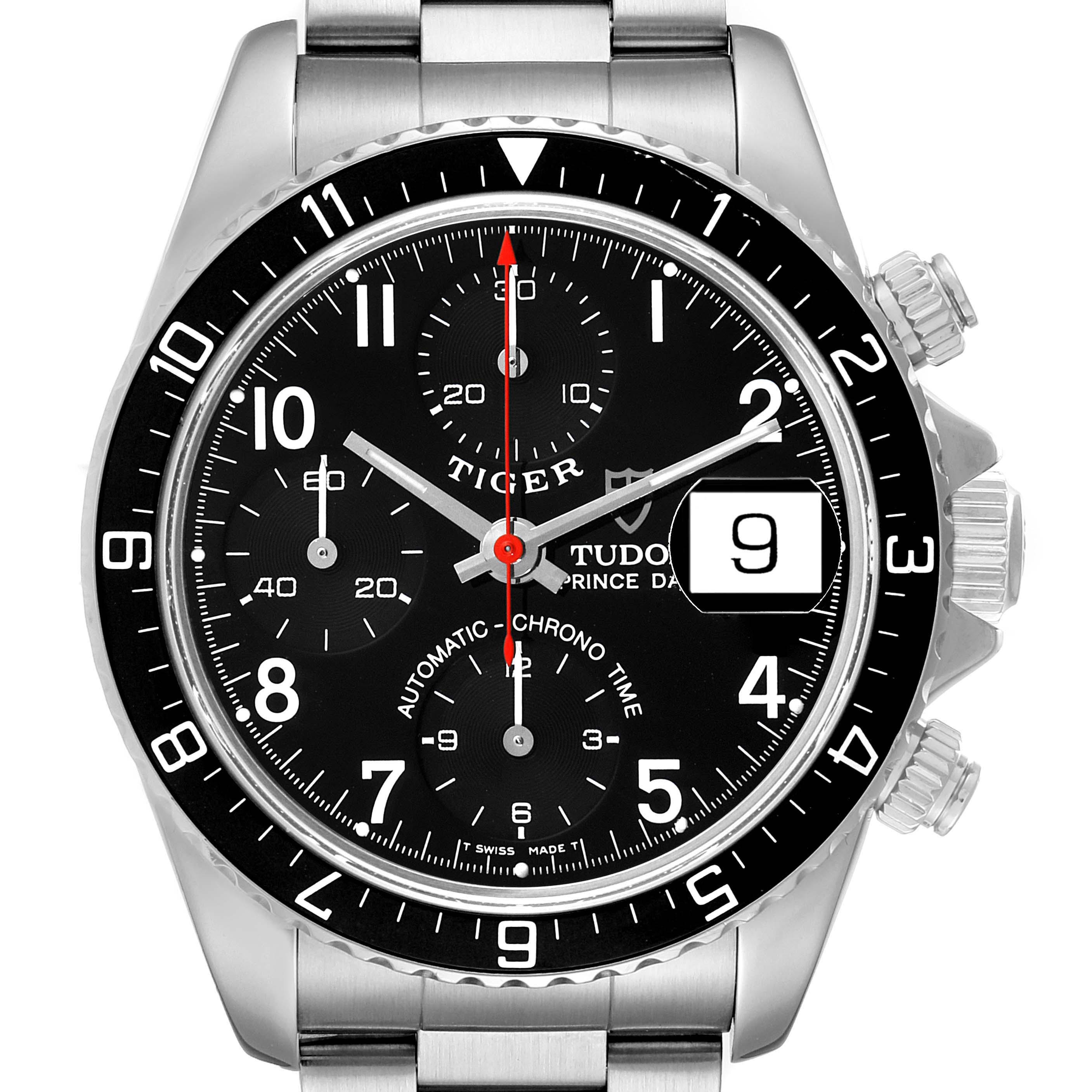 This image displays a front view of the Tudor Tiger 79270 Men's Stainless Steel Black Dial 79270 Men's Stainless Steel Black Dial model watch, showcasing its chronograph dials and date display.