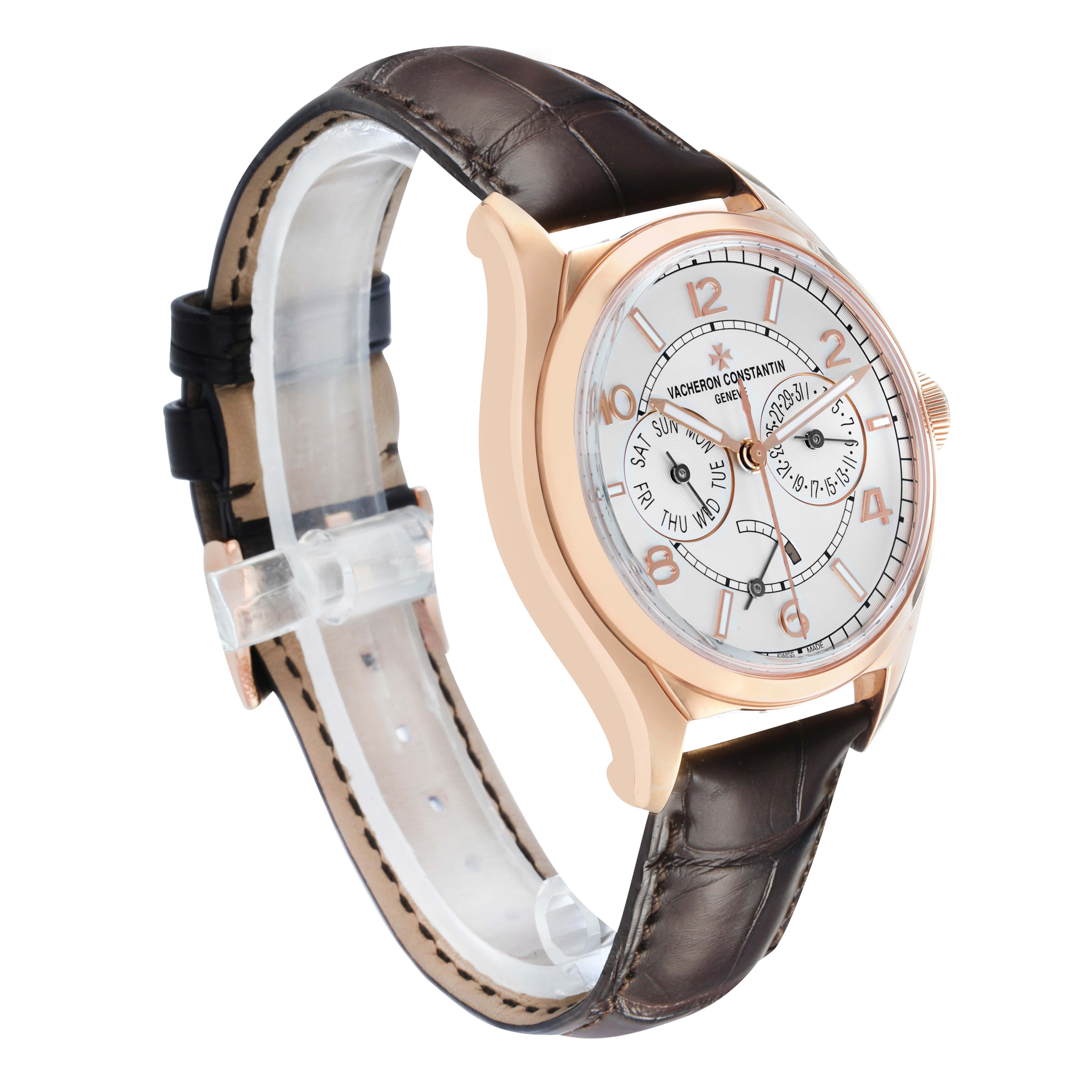 The Vacheron Constantin Fiftysix 4400E/000R-B436 X44R2014 Men's Rose Gold Silver Dial watch is shown at a three-quarter angle, displaying the dial, case, and brown leather strap.