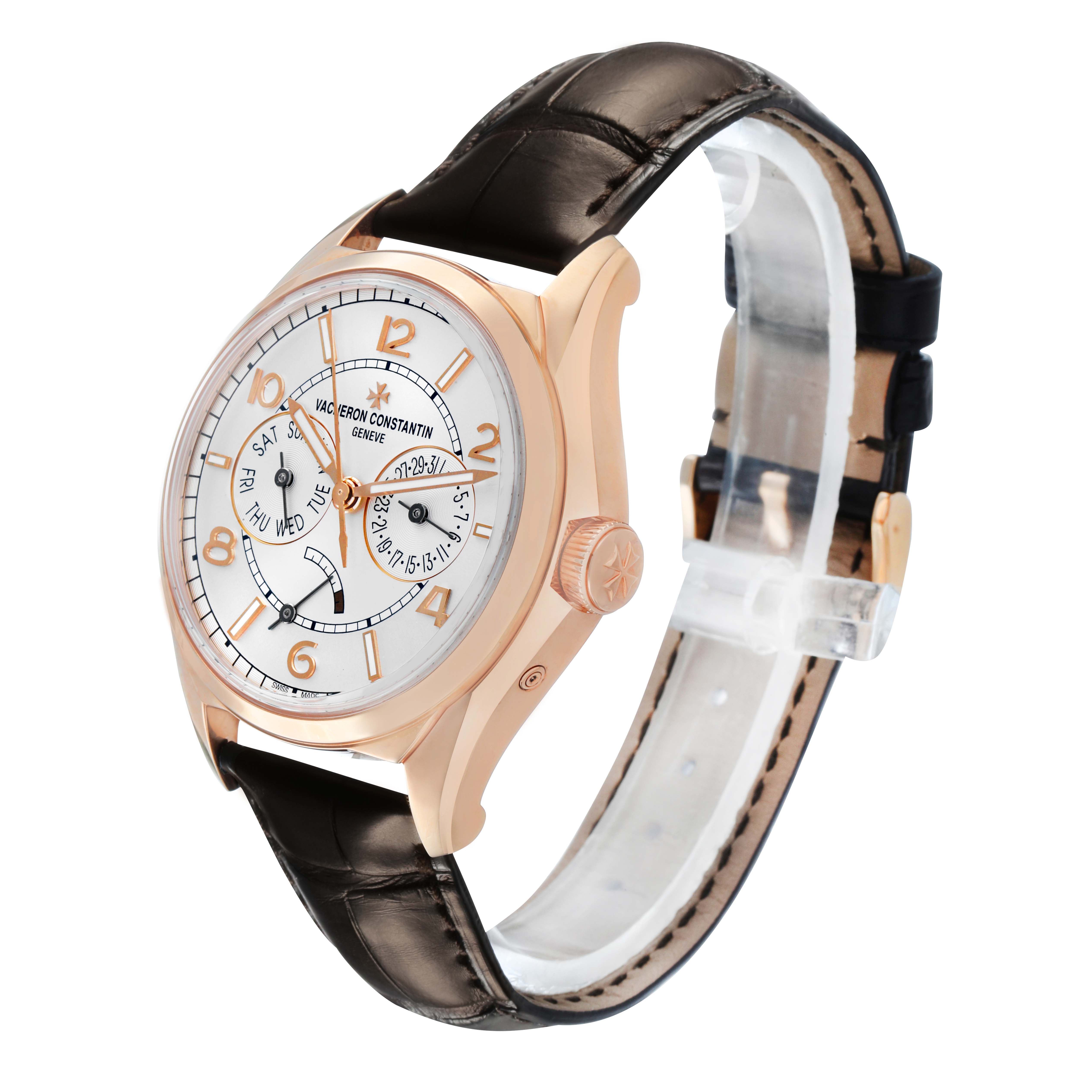 The Vacheron Constantin Fiftysix 4400E/000R-B436 X44R2014 Men's Rose Gold Silver Dial model is shown at a three-quarter angle, highlighting the face, crown, and strap.