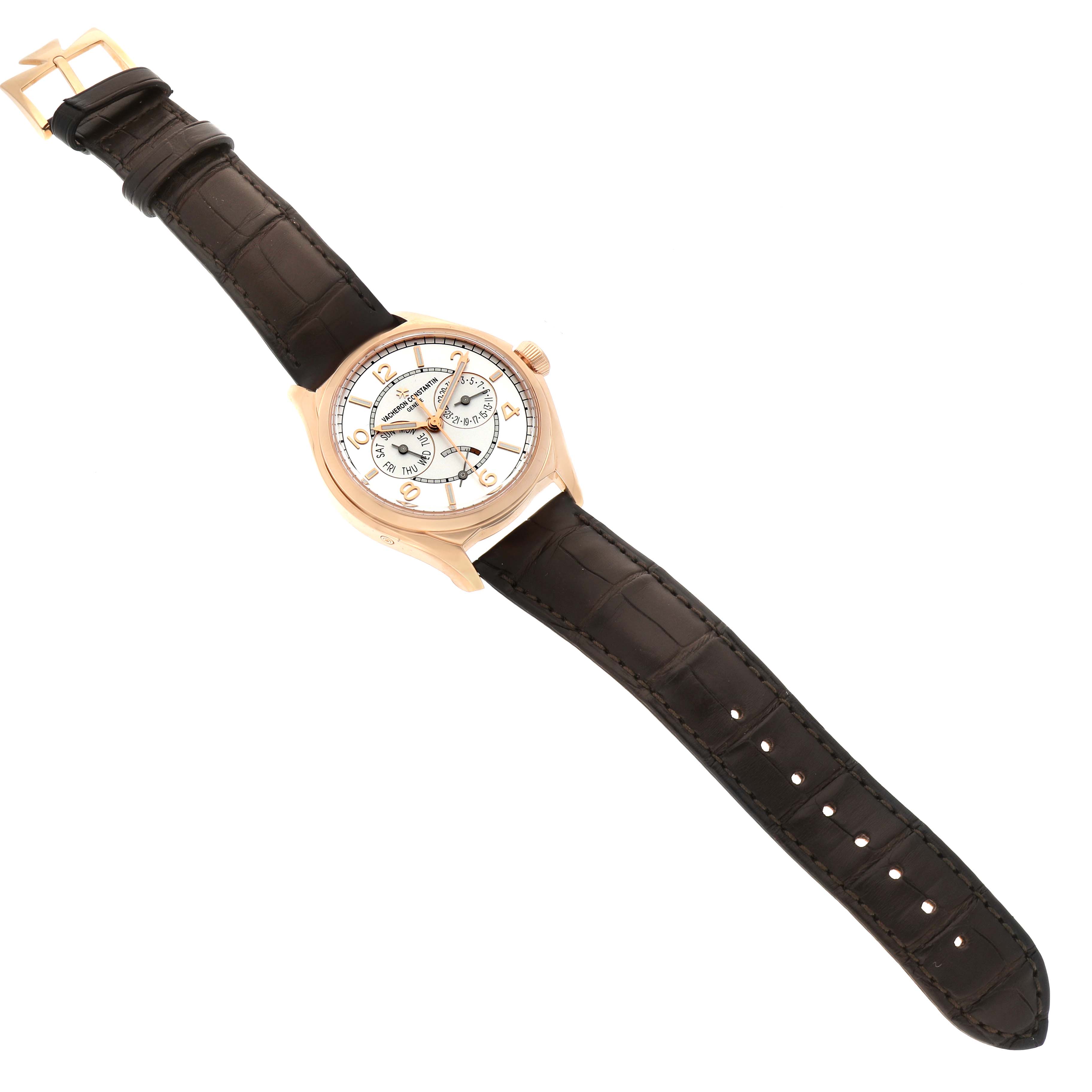 The Vacheron Constantin Fiftysix 4400E/000R-B436 X44R2014 Men's Rose Gold Silver Dial watch is shown from a top-down angle, displaying its dial, hands, case, and leather strap.