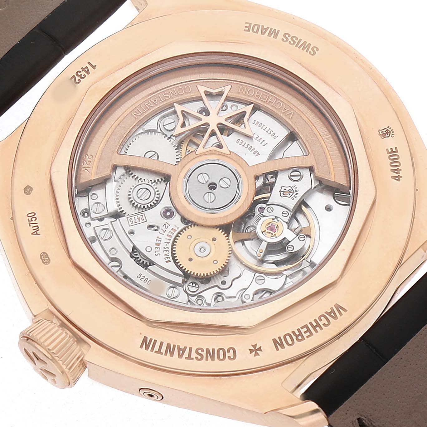 The image shows the back of a Vacheron Constantin Fiftysix 4400E/000R-B436 X44R2014 Men's Rose Gold Silver Dial watch, revealing the intricate movement and rotor details.