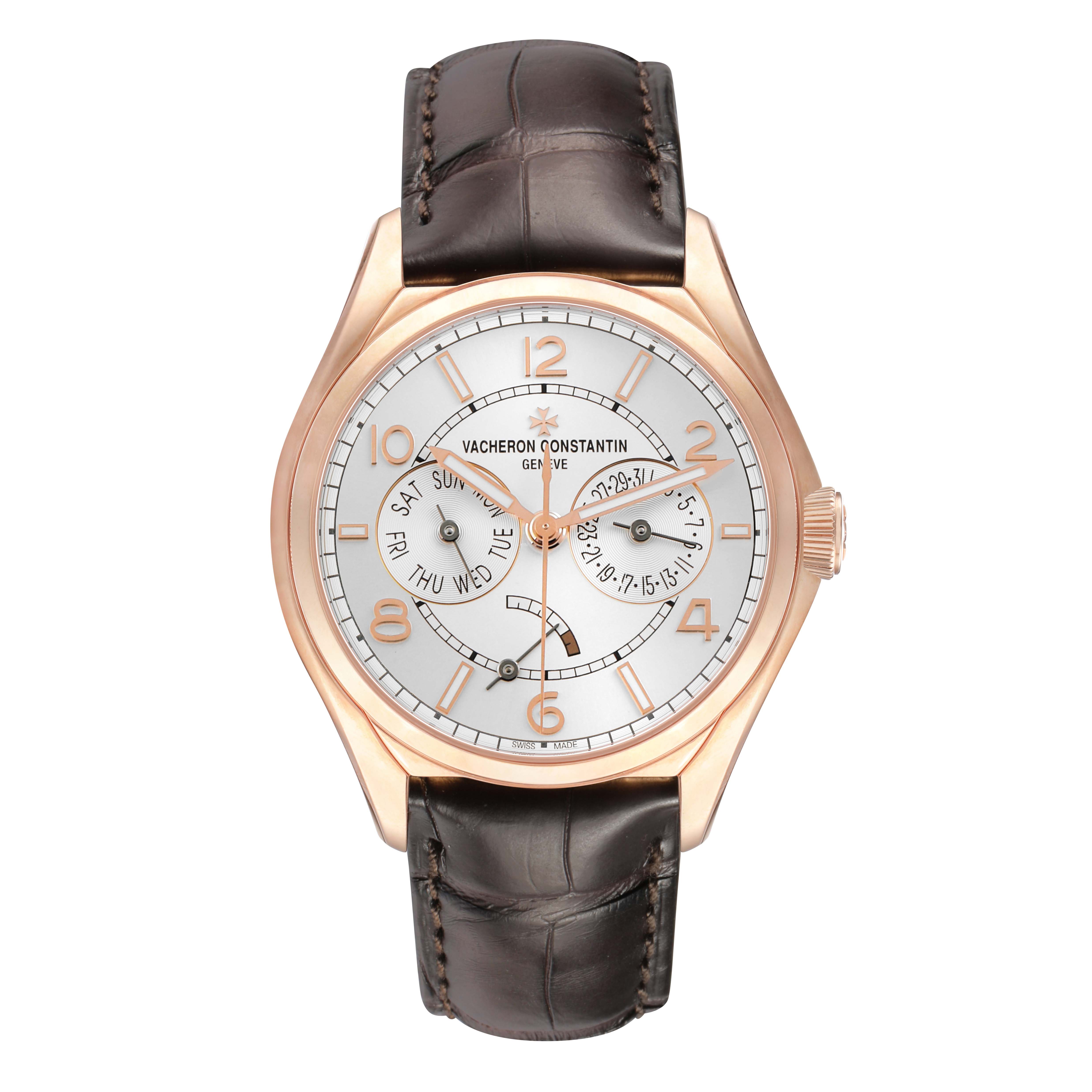 The Vacheron Constantin Fiftysix 4400E/000R-B436 X44R2014 Men's Rose Gold Silver Dial watch is shown from a front angle, displaying its dial, case, and leather strap.