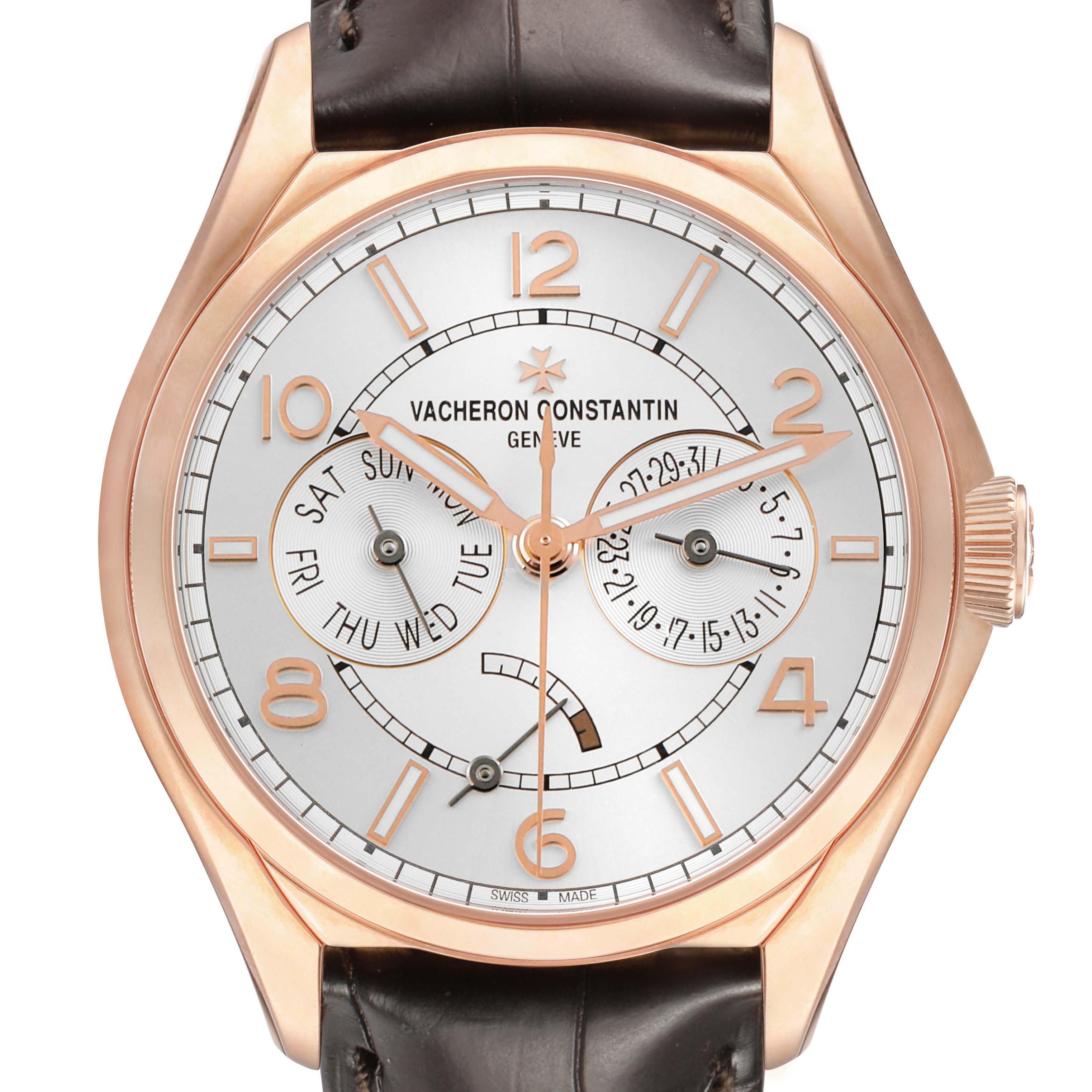 The Vacheron Constantin Fiftysix 4400E/000R-B436 X44R2014 Men's Rose Gold Silver Dial watch is shown from a front angle, featuring the dial, hands, and crown.