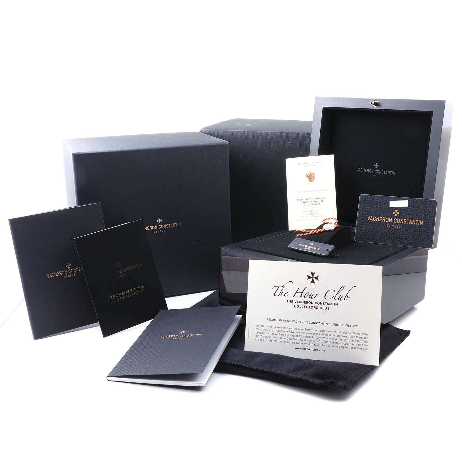 The image shows accessories for the Vacheron Constantin Fiftysix 4400E/000R-B436 X44R2014 Men's Rose Gold Silver Dial, including a box, warranty card, and booklets from a frontal angle.