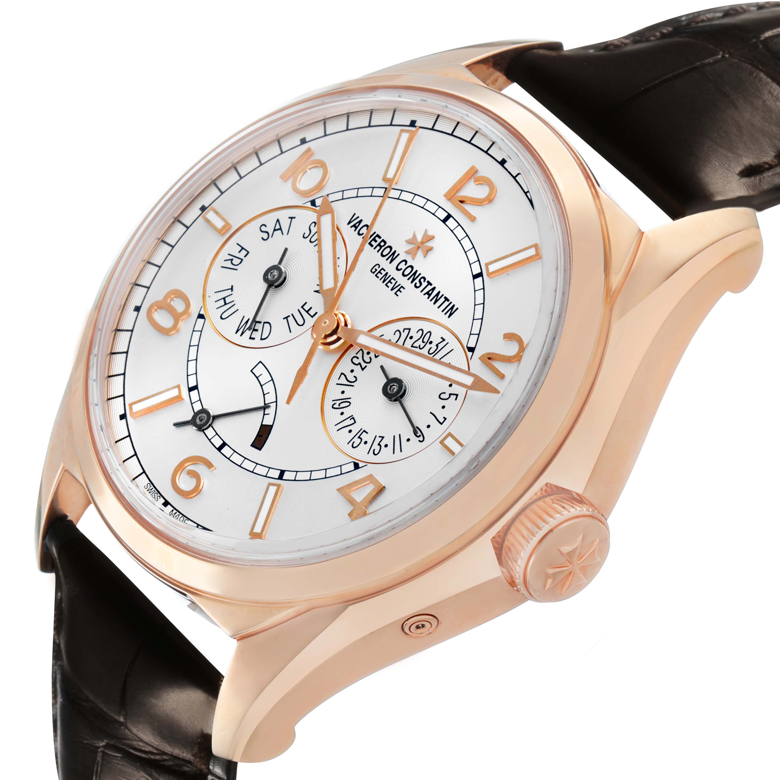 The Vacheron Constantin Fiftysix 4400E/000R-B436 X44R2014 Men's Rose Gold Silver Dial watch is shown at an angled view, highlighting the dial, sub-dials, crown, and leather strap.