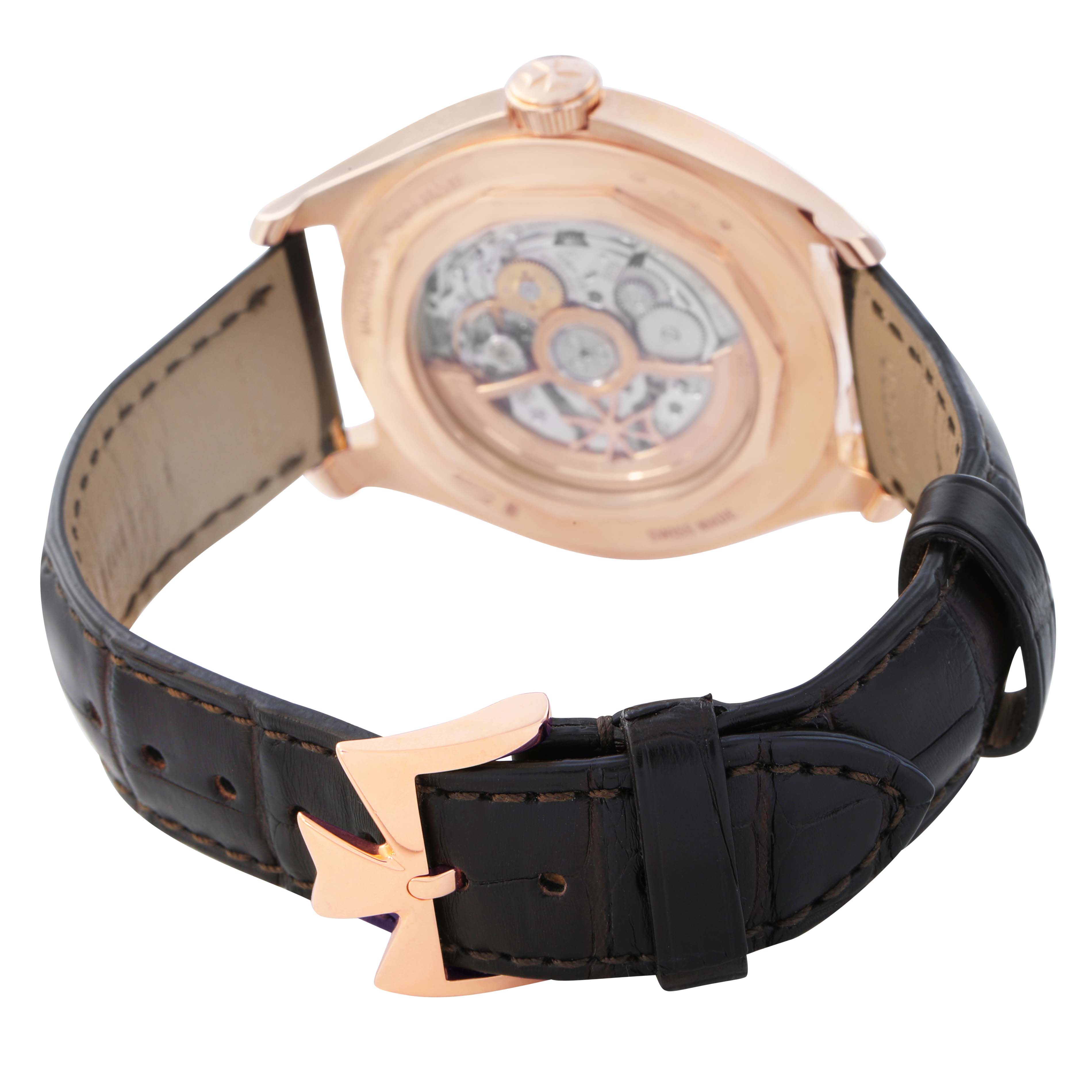 The image shows the back of the Vacheron Constantin Fiftysix 4400E/000R-B436 X44R2014 Men's Rose Gold Silver Dial watch, highlighting the strap and exhibition case back.