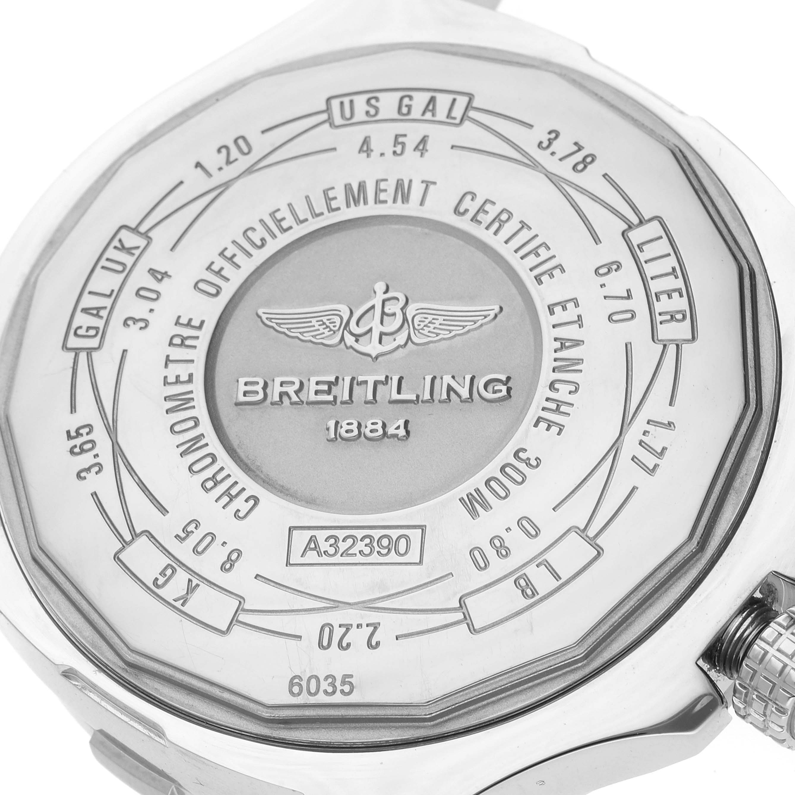 The image shows the back case of a Breitling Avenger A32390 Men's Stainless Steel Black Dial A32390 Men's Stainless Steel Black Dial watch, including engravings of conversions and model information.