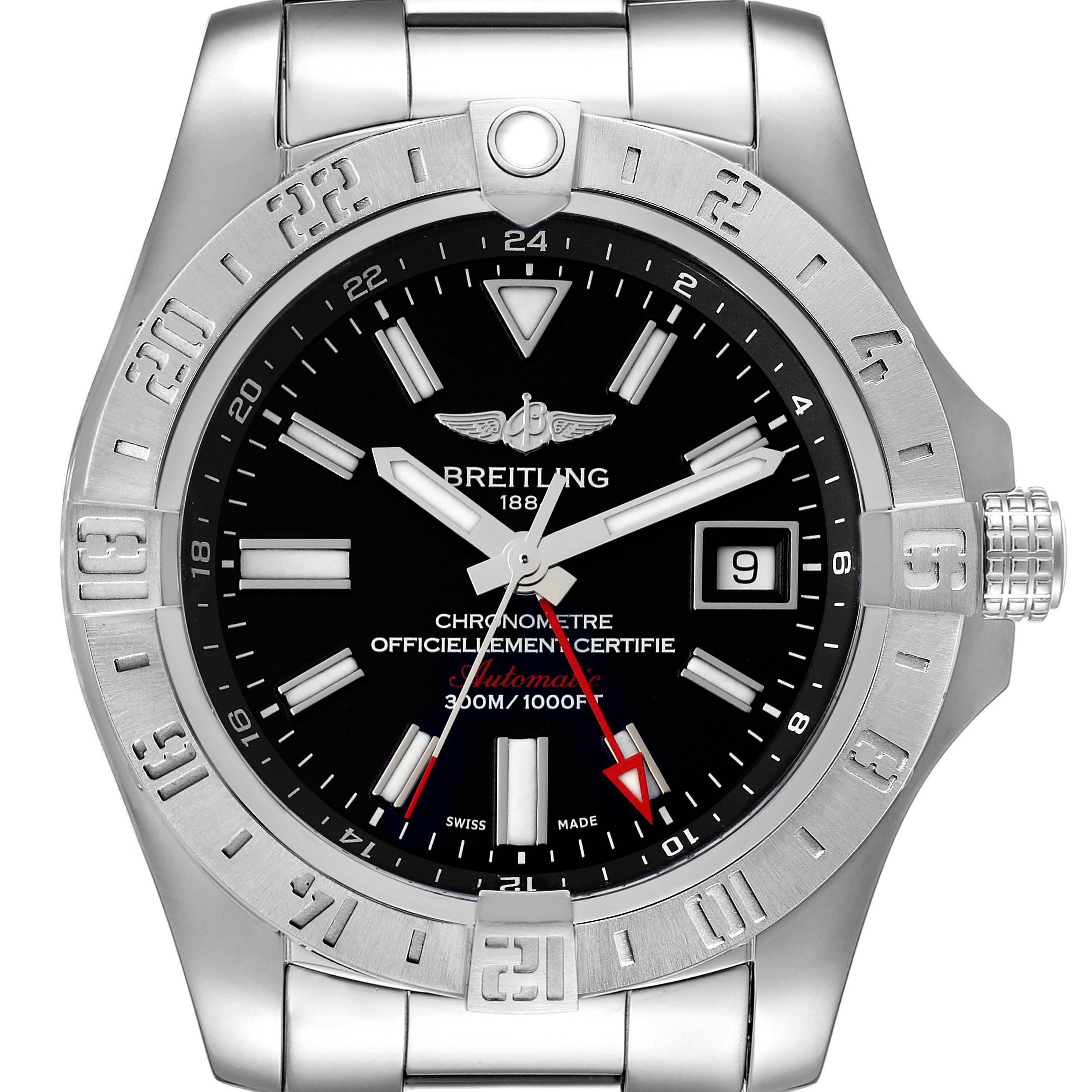 The image shows a front view of a Breitling Avenger A32390 Men's Stainless Steel Black Dial A32390 Men's Stainless Steel Black Dial watch, displaying its bezel, dial, hands, markers, and crown.