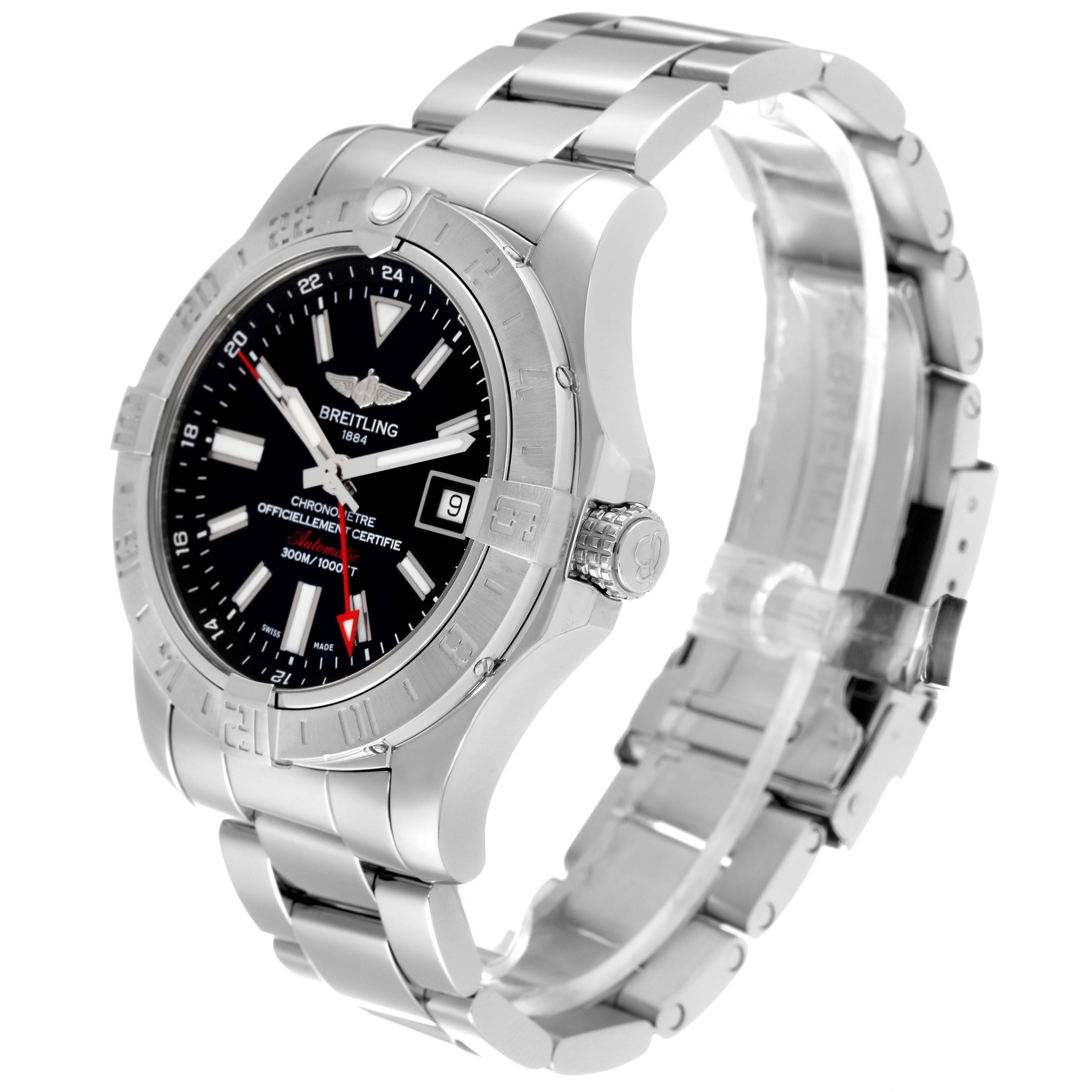 This image shows a Breitling Avenger A32390 Men's Stainless Steel Black Dial A32390 Men's Stainless Steel Black Dial watch from an angled side view, highlighting the bezel, dial, bracelet, and crown.