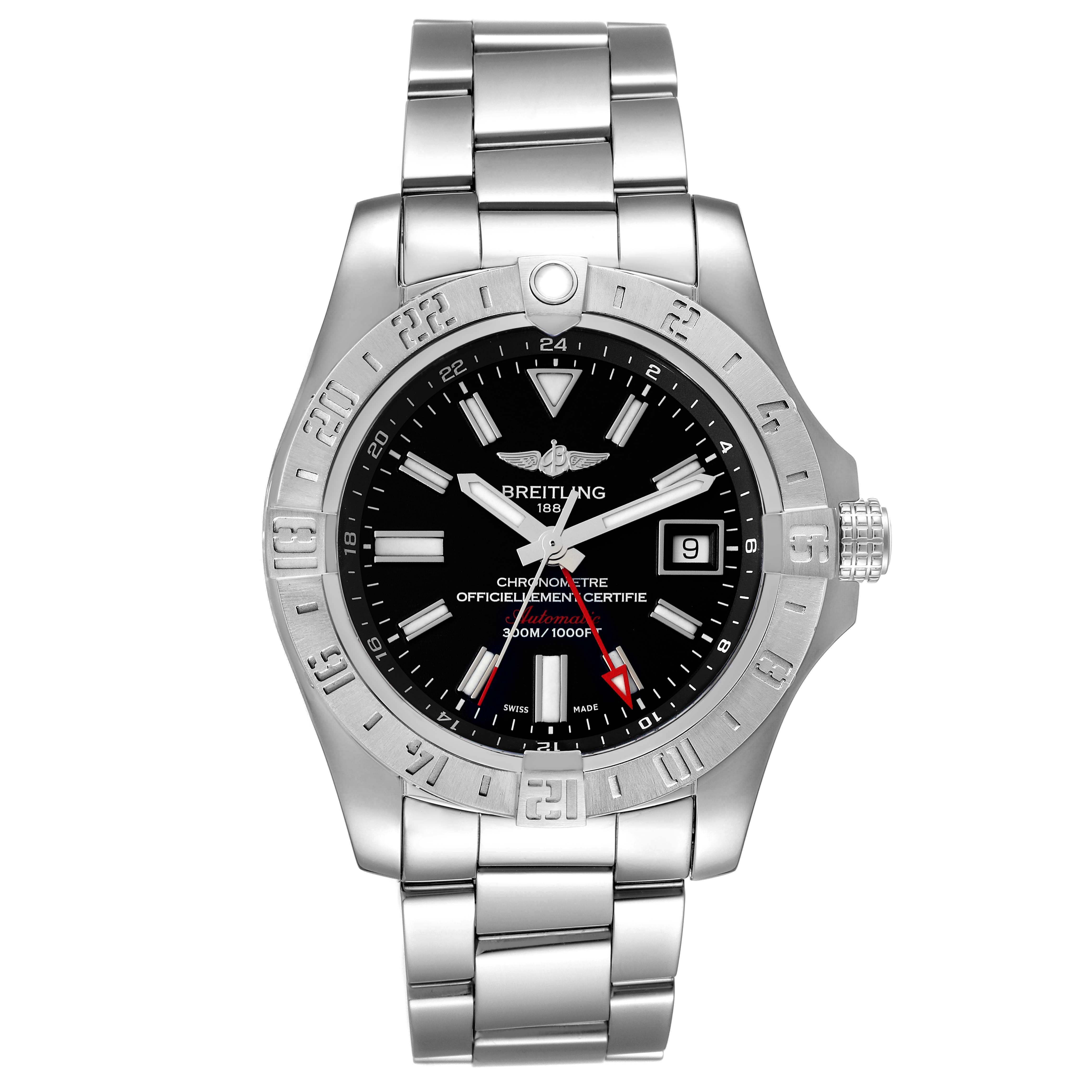 This image shows a front view of the Breitling Avenger A32390 Men's Stainless Steel Black Dial A32390 Men's Stainless Steel Black Dial watch, featuring its dial, bezel, bracelet, and crown.