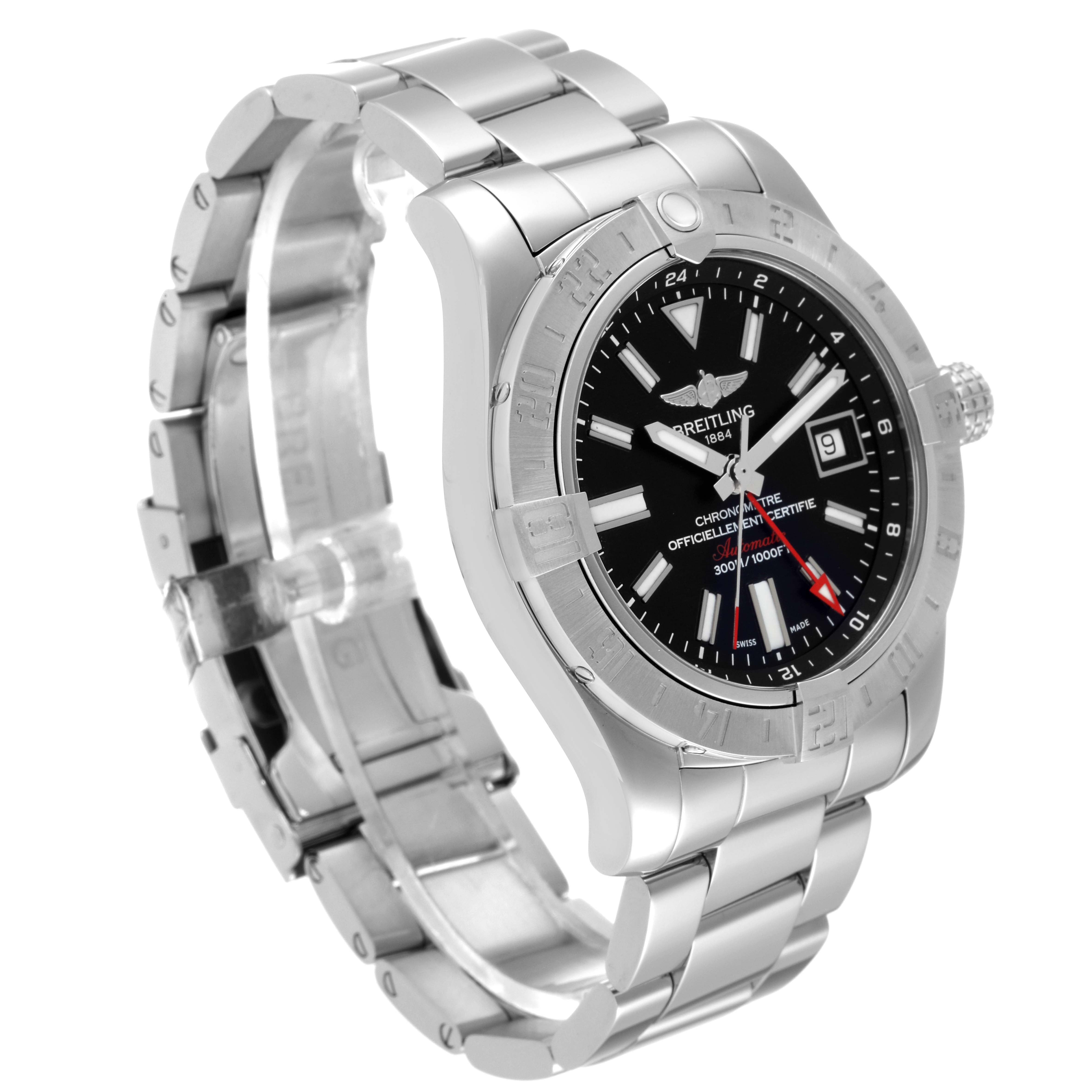 The image shows a Breitling Avenger A32390 Men's Stainless Steel Black Dial A32390 Men's Stainless Steel Black Dial watch taken at a 3/4 view angle, highlighting its dial, bezel, and bracelet.