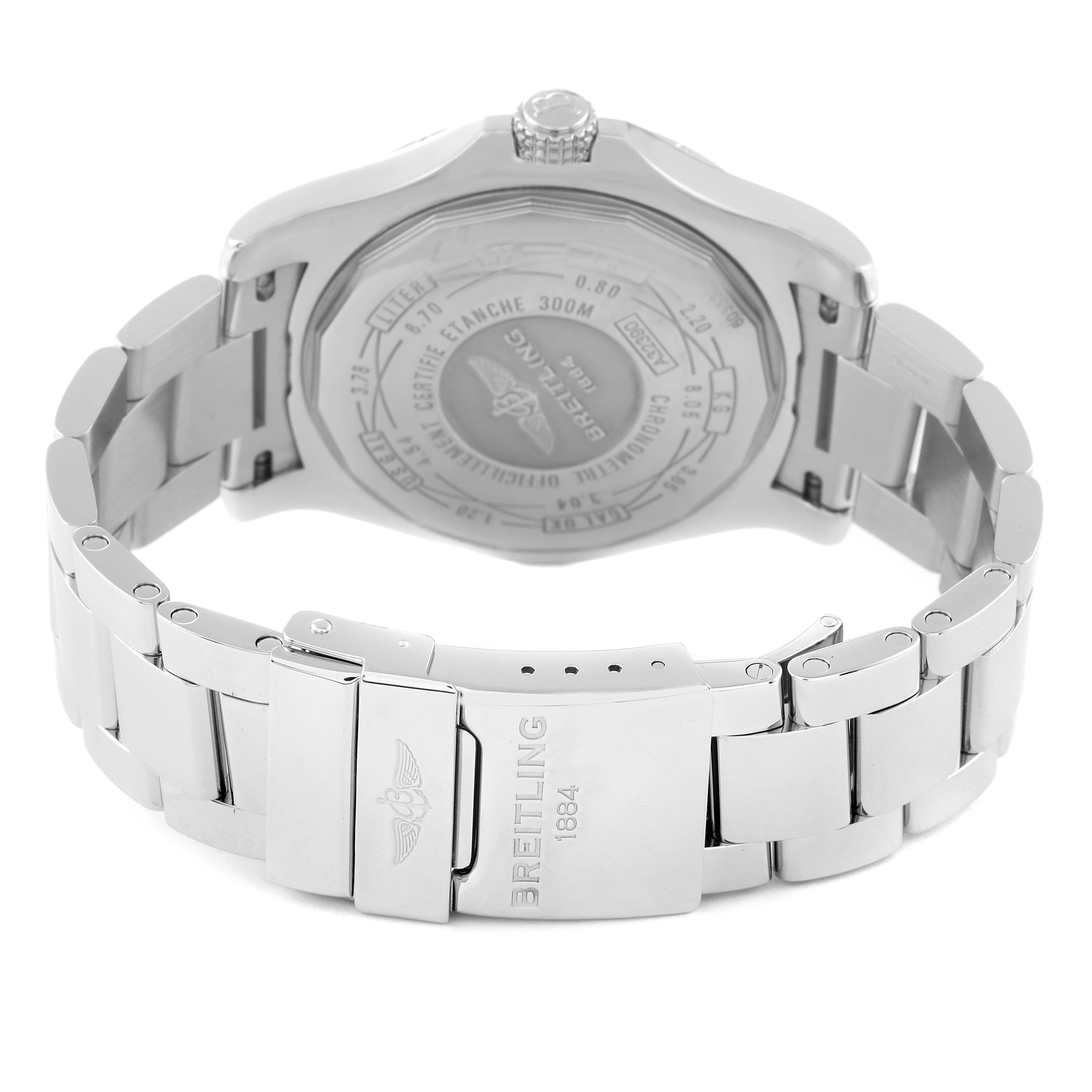 The image shows the backside and bracelet of the Breitling Avenger A32390 Men's Stainless Steel Black Dial A32390 Men's Stainless Steel Black Dial watch, displaying its clasp and case back.