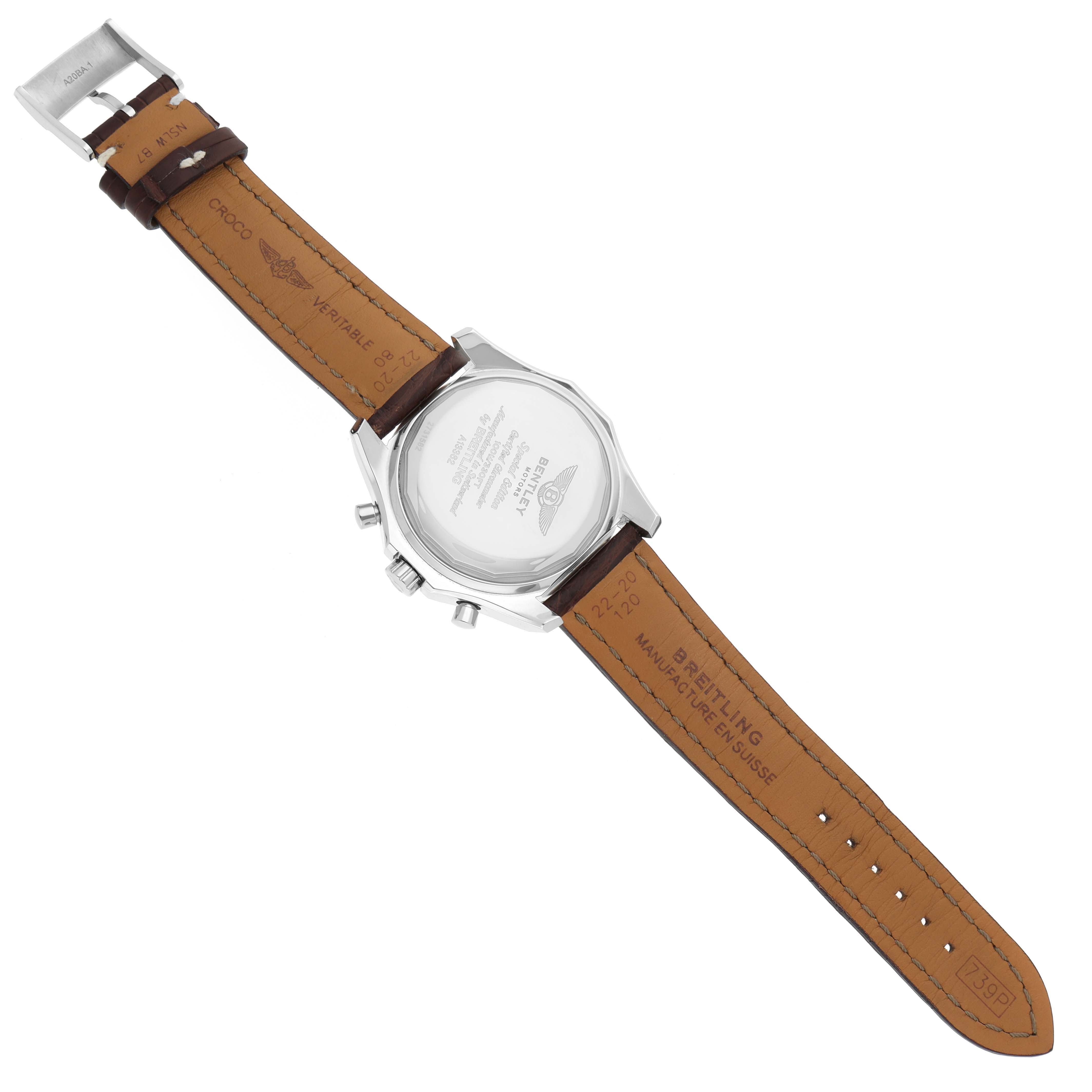 The image shows the back and strap of the Breitling Bentley A1336212/A726 Men's Stainless Steel White Dial A1336212/A726 Men's Stainless Steel White Dial model watch, displayed flat with details on the case and leather strap.