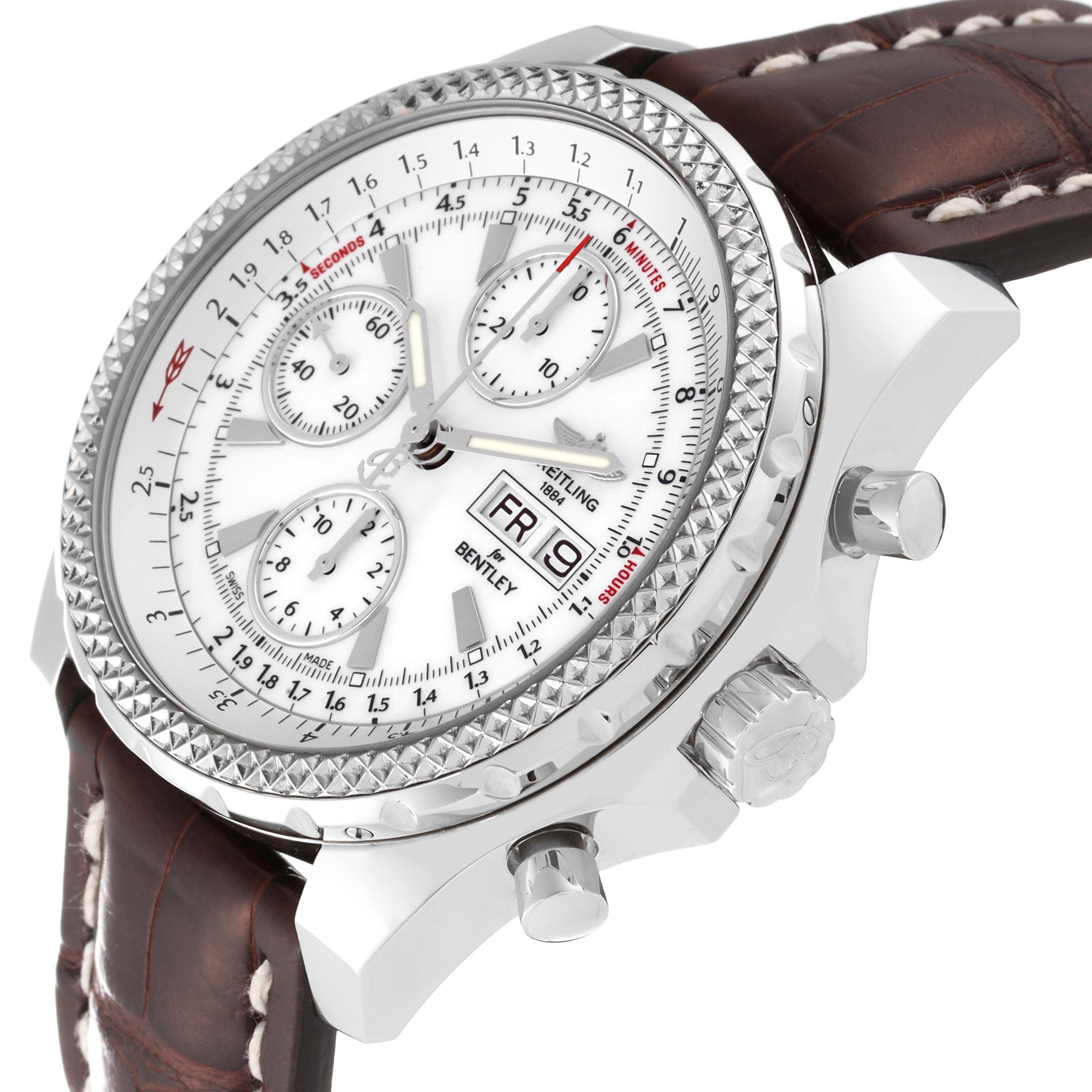 This Breitling Bentley A1336212/A726 Men's Stainless Steel White Dial A1336212/A726 Men's Stainless Steel White Dial watch is shown from an angled side view, highlighting the face, bezel, crown, and leather strap.