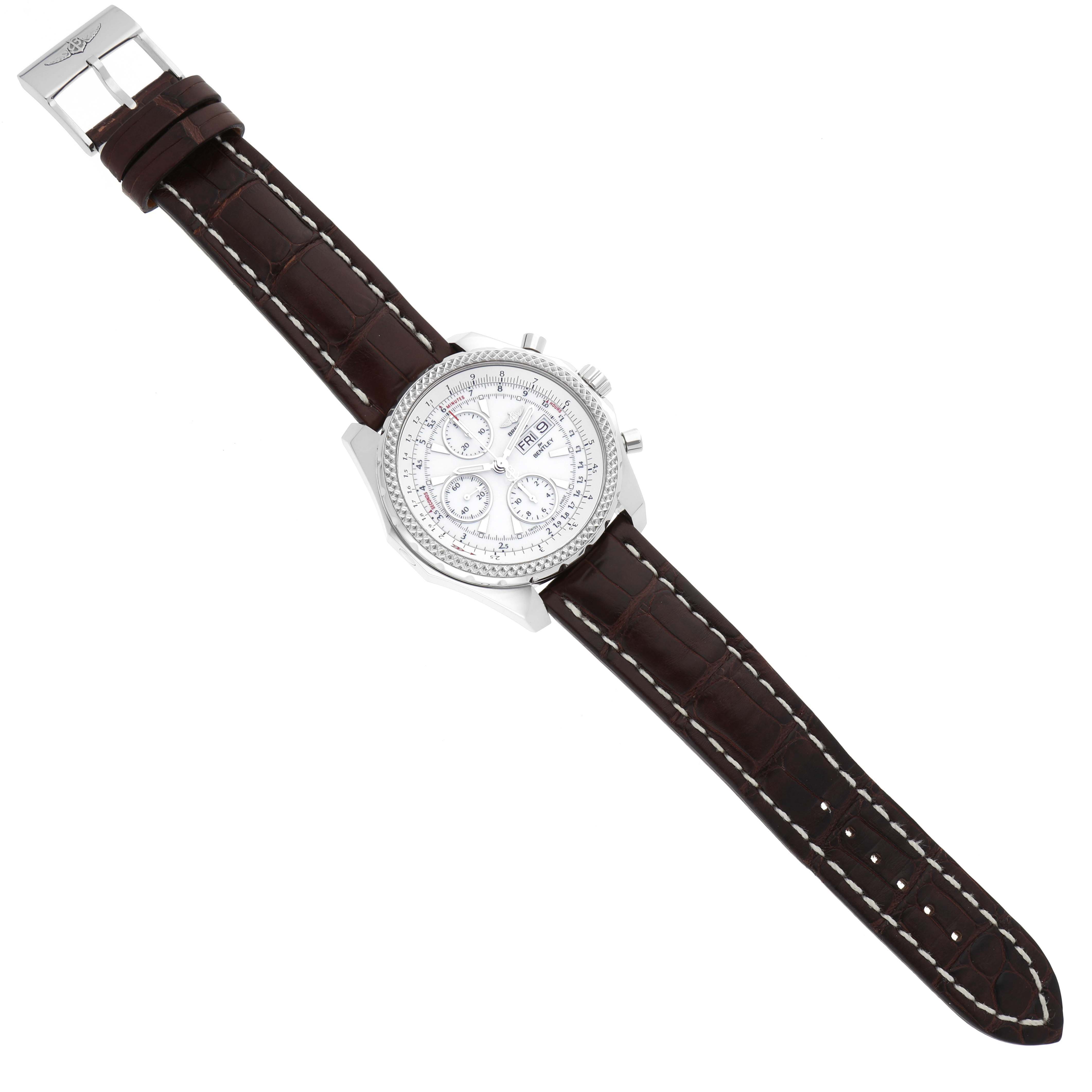 The image shows the Breitling Bentley A1336212/A726 Men's Stainless Steel White Dial A1336212/A726 Men's Stainless Steel White Dial model watch in a top-down view, displaying its dial, case, and leather strap.