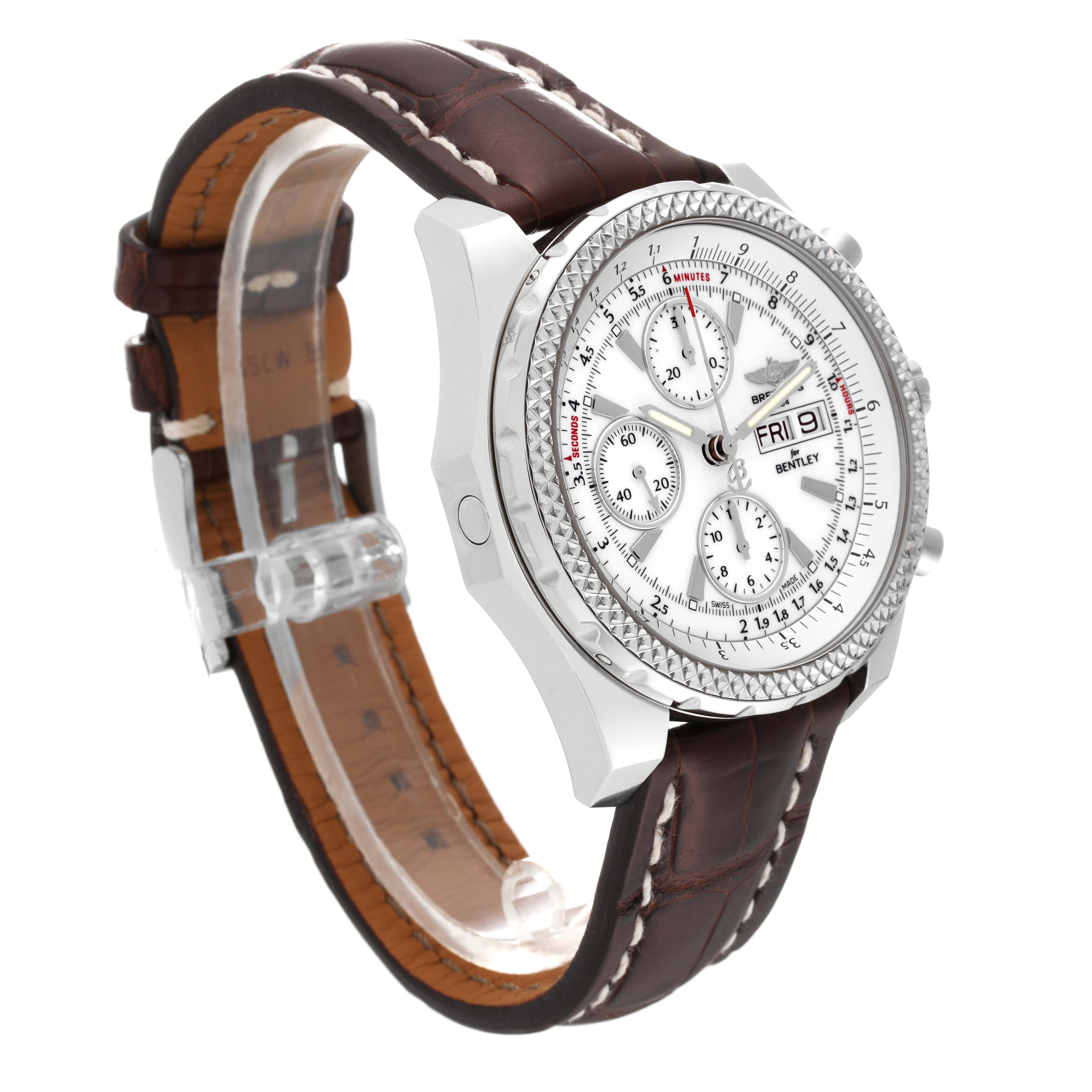 The Breitling Bentley A1336212/A726 Men's Stainless Steel White Dial A1336212/A726 Men's Stainless Steel White Dial watch is shown at a three-quarter angle, displaying the face, bezel, chronograph dials, and leather strap.