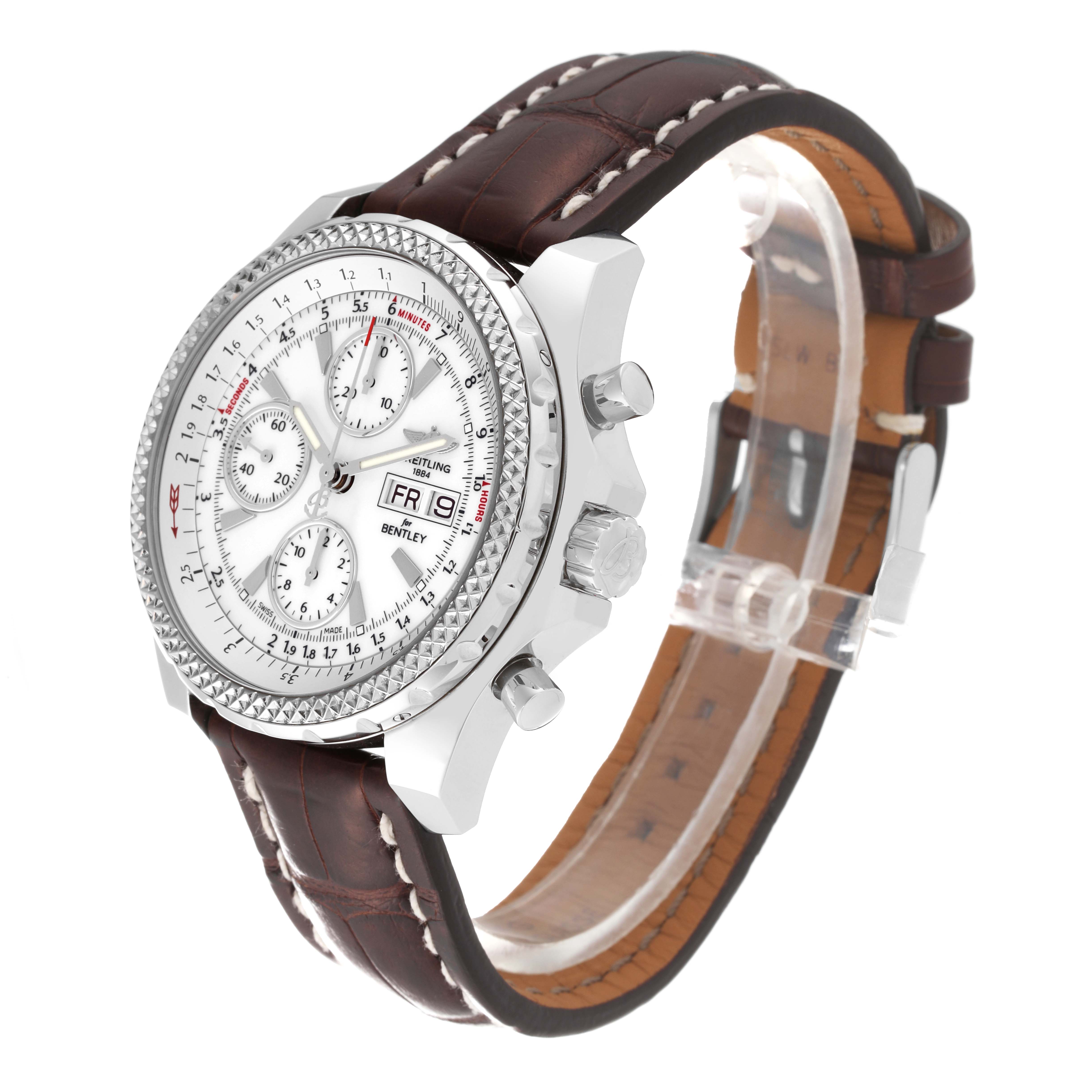 The image shows a Breitling Bentley A1336212/A726 Men's Stainless Steel White Dial A1336212/A726 Men's Stainless Steel White Dial watch at a slight angle, highlighting the dial, bezel, case, and leather strap.