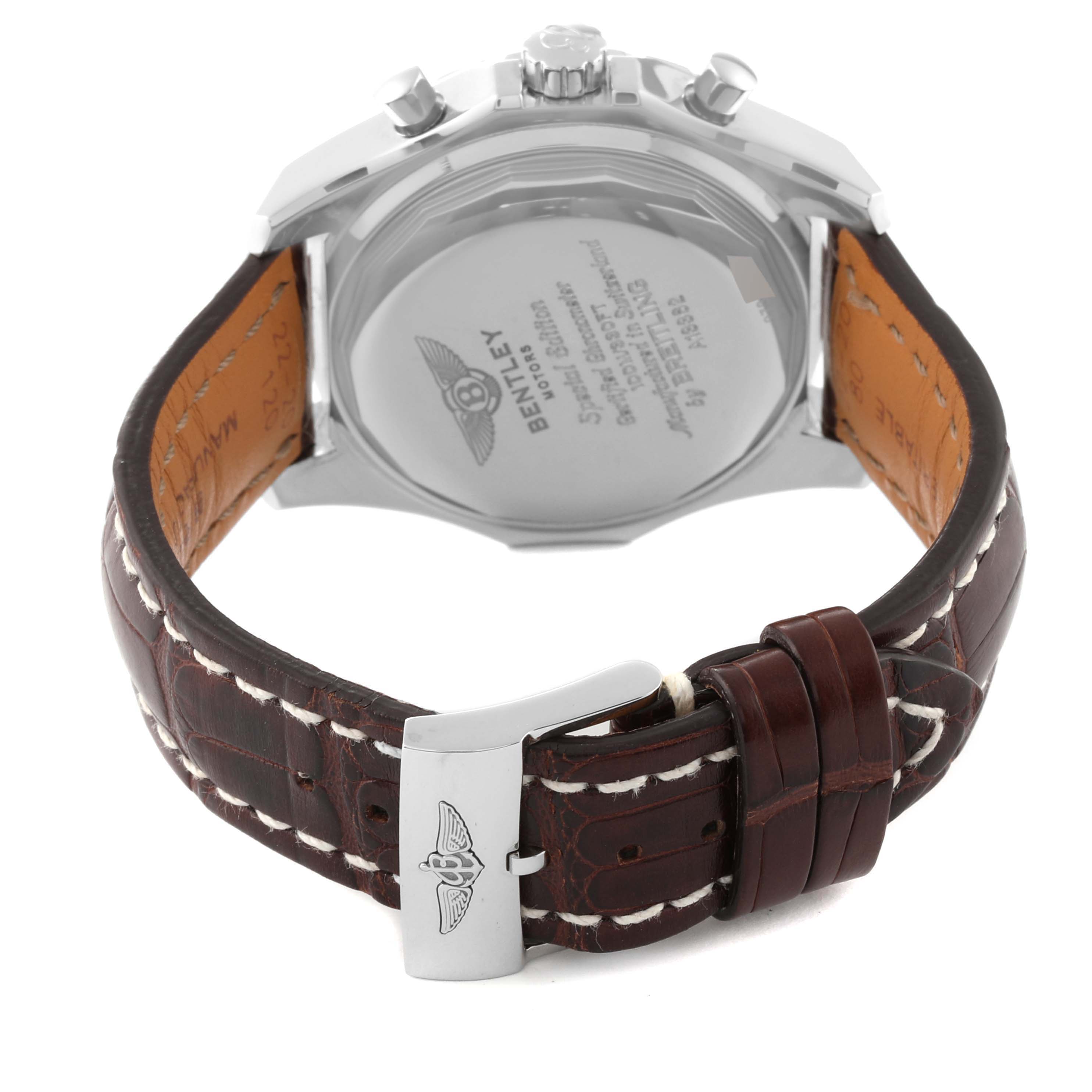 The image shows the back view of the Breitling Bentley A1336212/A726 Men's Stainless Steel White Dial A1336212/A726 Men's Stainless Steel White Dial watch, highlighting its leather strap and engraved case back.