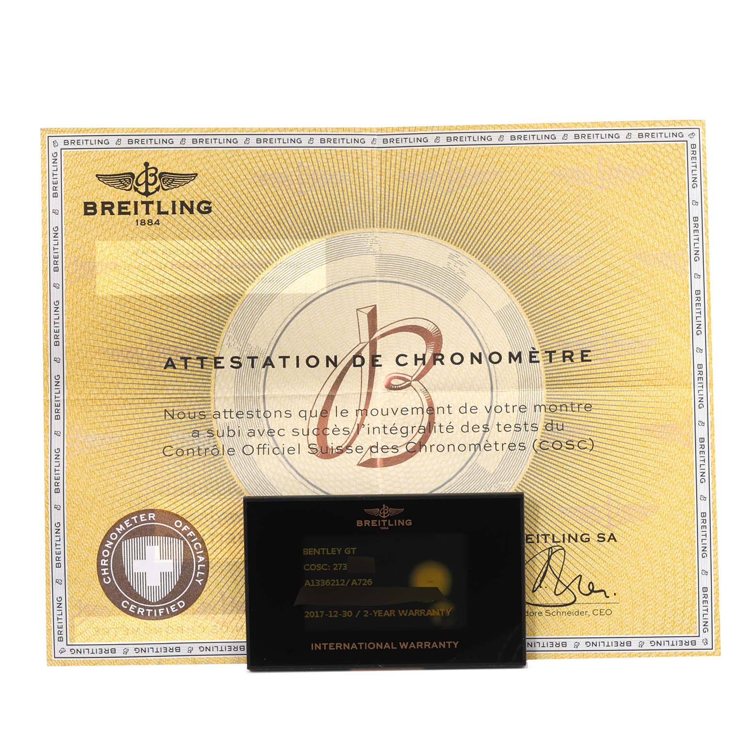 The image shows a Breitling Bentley A1336212/A726 Men's Stainless Steel White Dial A1336212/A726 Men's Stainless Steel White Dial GT model's chronometer certification and international warranty card.